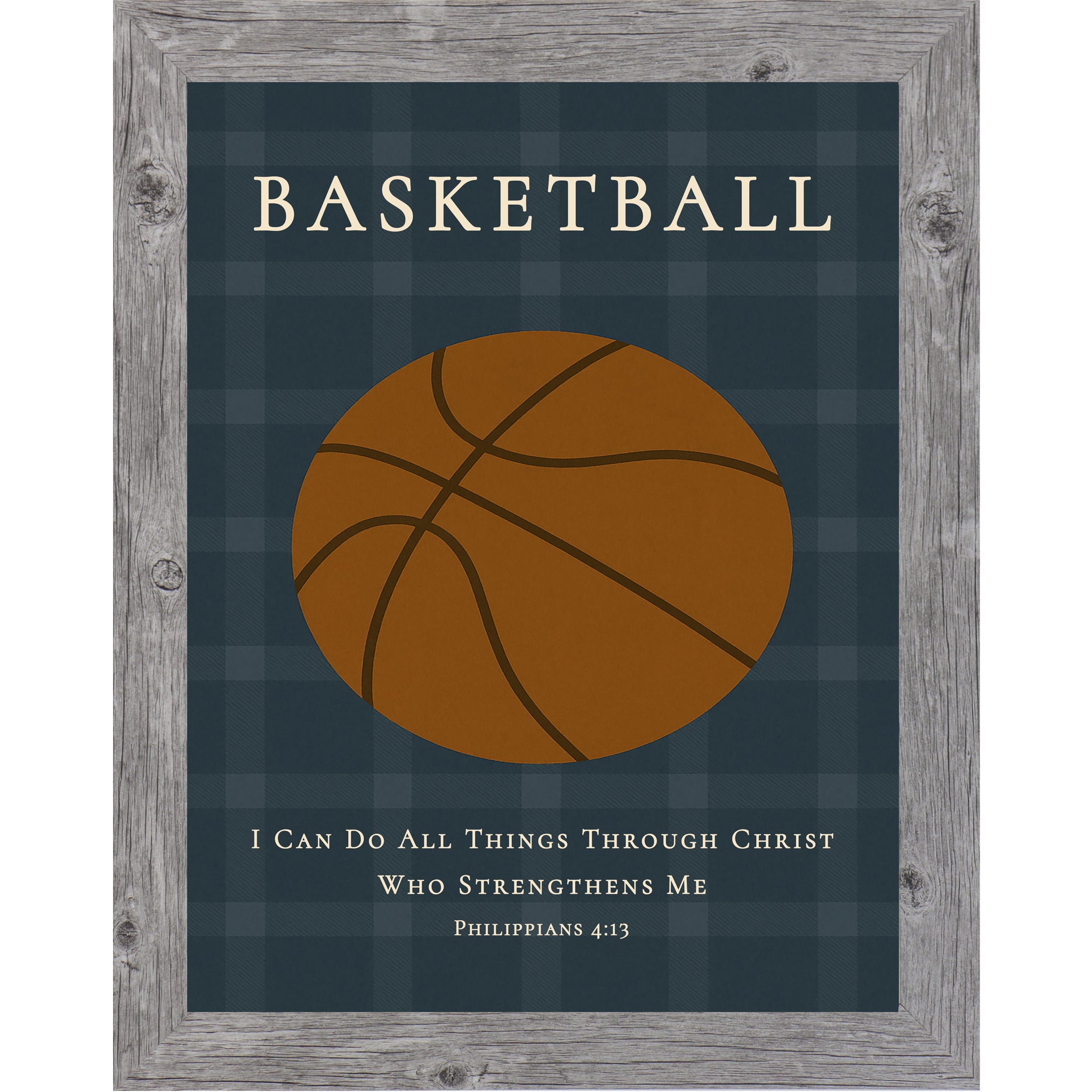 Gray colored frame of Christian basketball wall art featuring a basketball illustration with the Bible verse Philippians 4:13 on a blue plaid background.