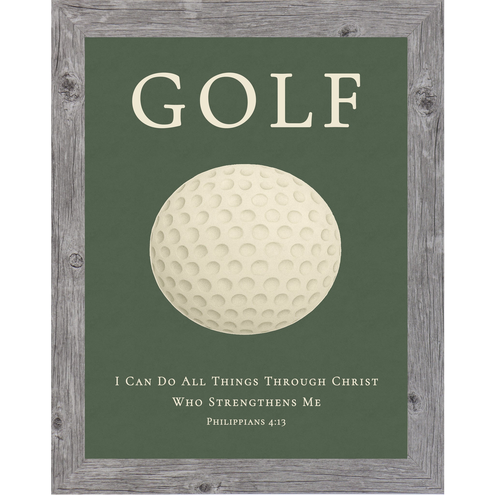 Gray color framed Christian golf wall art featuring a golf ball with the Bible verse Philippians 4:13 on a green background.