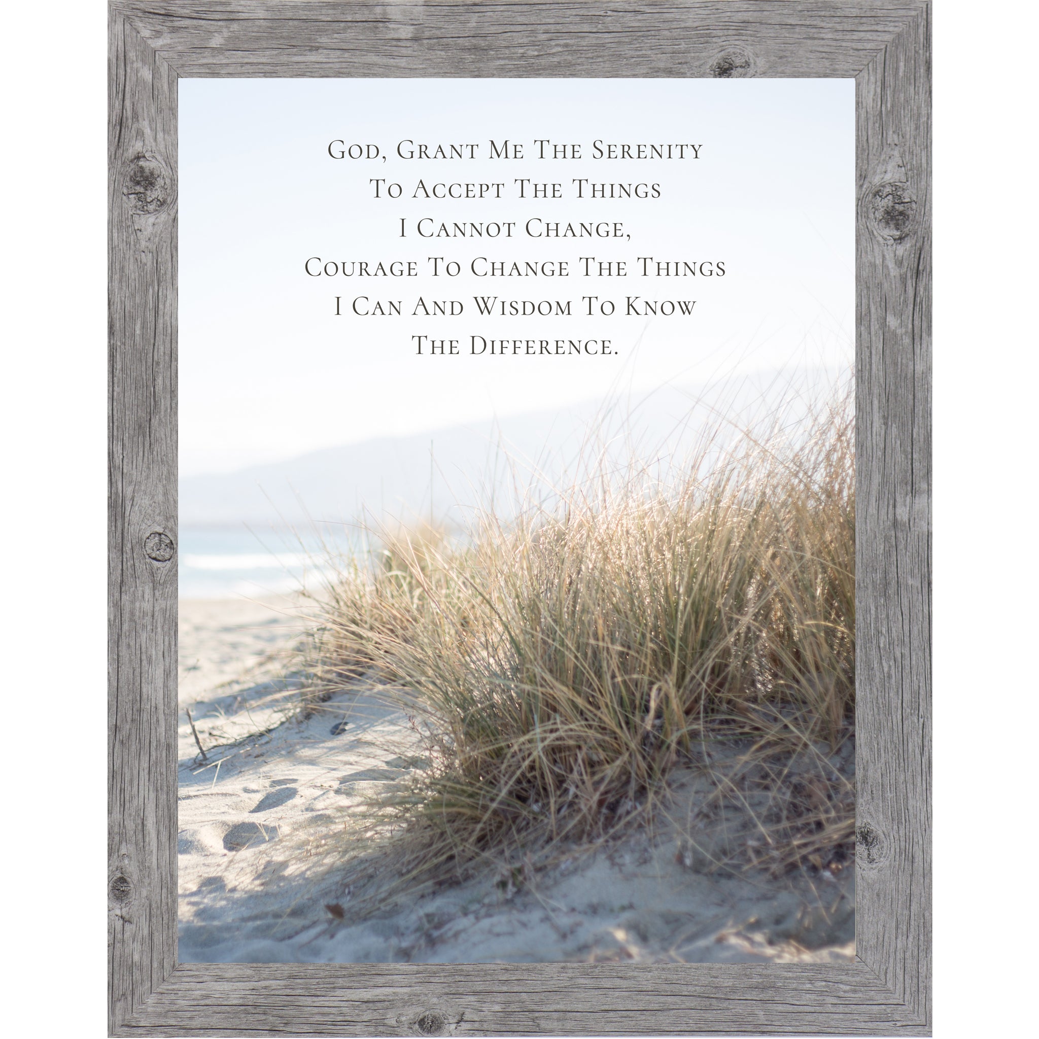 Gray framed portrait Serenity Prayer wall art with coastal beach dune grass photography ocean view and misty hills — Christian scripture faith decor