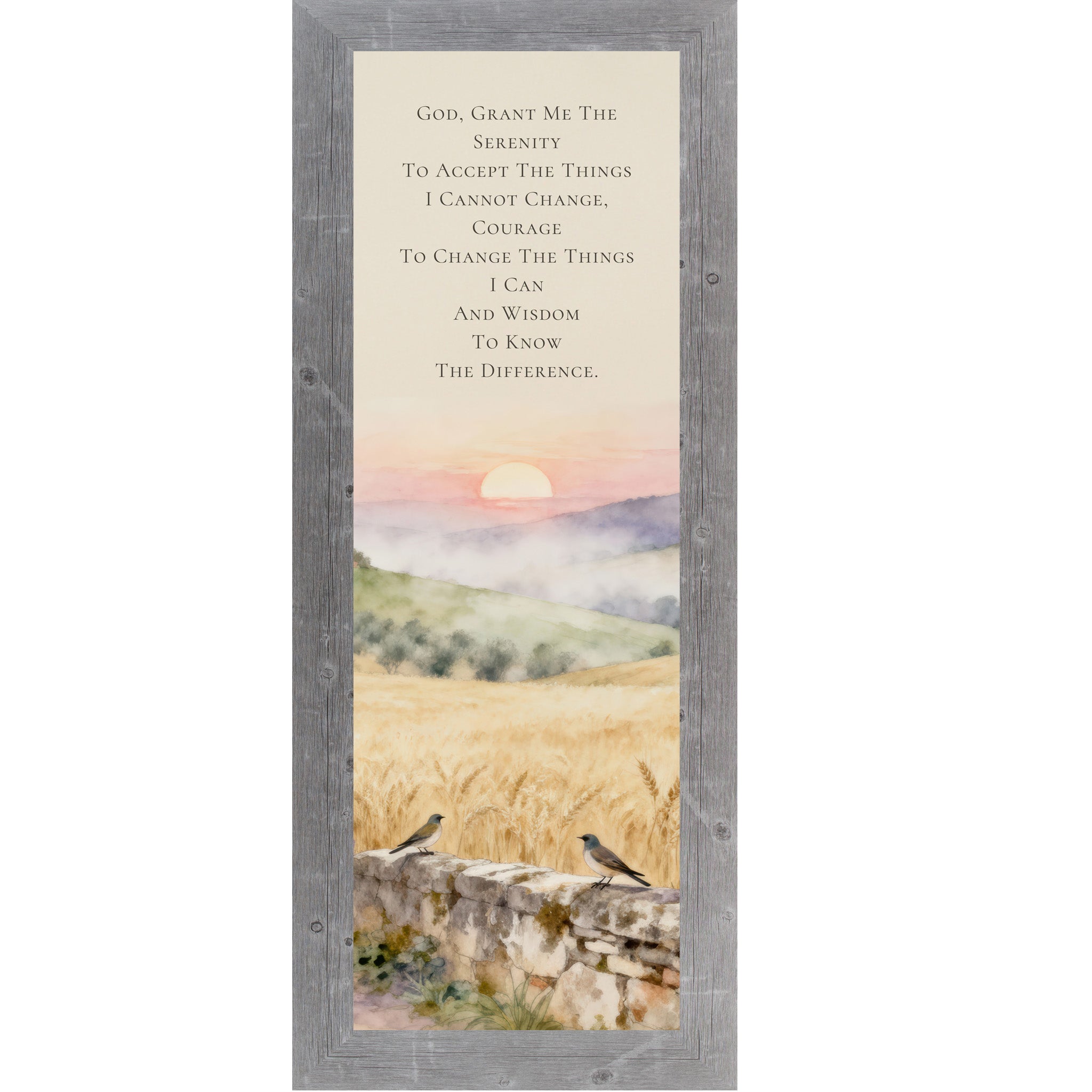 Gray framed narrow portrait Serenity Prayer wall art with Tuscan sunrise watercolor landscape two bluebirds on stone wall and golden wheat fields — Italian Christian scripture decor