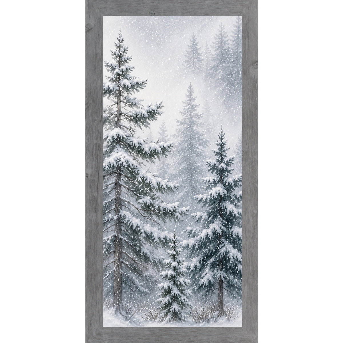 Gray framed narrow portrait watercolor winter wall art featuring a snowy pine forest with a tall evergreen leaning left through falling snow