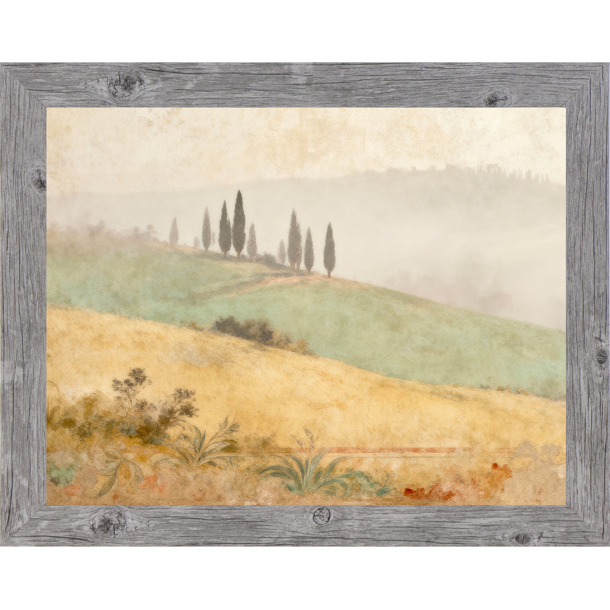 Gray framed landscape Tuscan wall art with misty cypress trees on rolling golden wheat fields and distressed fresco botanical border — Italian countryside watercolor decor