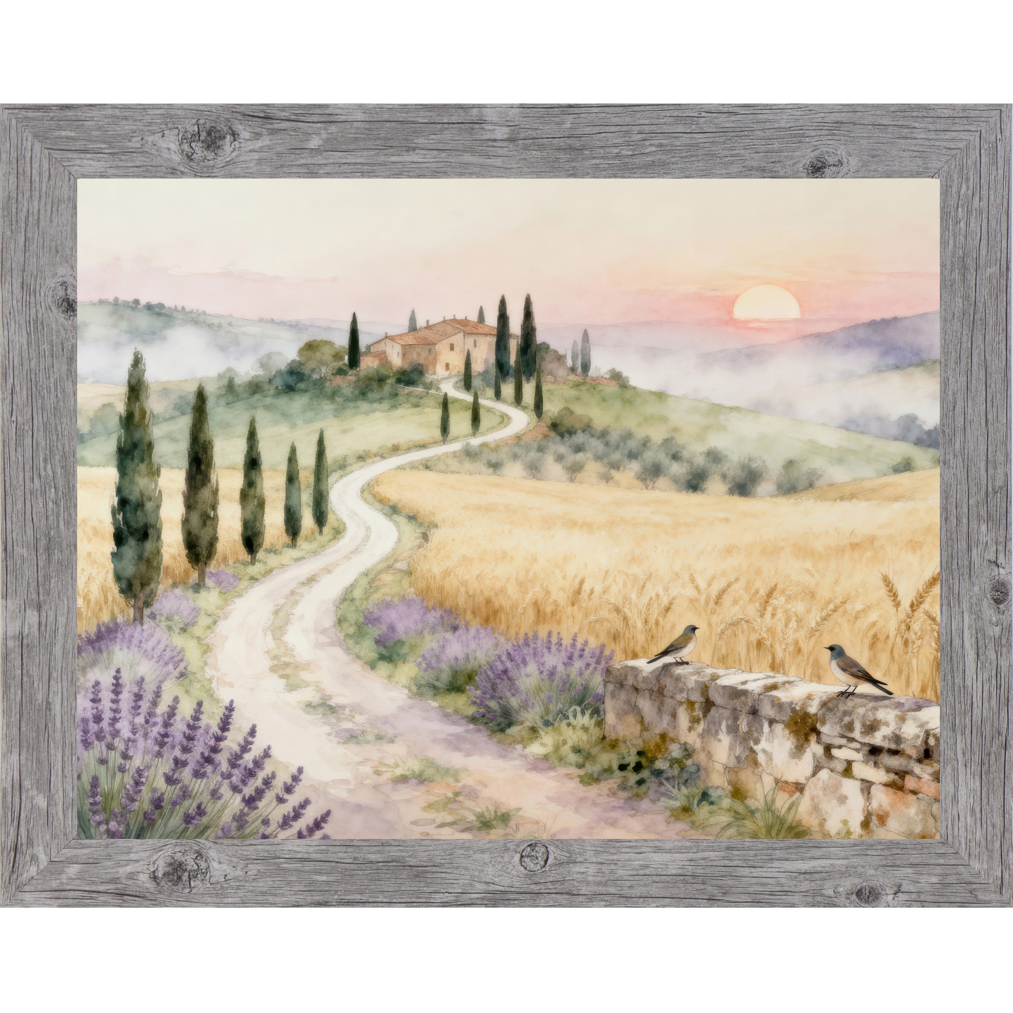 Gray framed landscape Tuscan watercolor wall art with winding road cypress trees lavender fields and villa at sunrise with two bluebirds on stone wall — triptych center piece