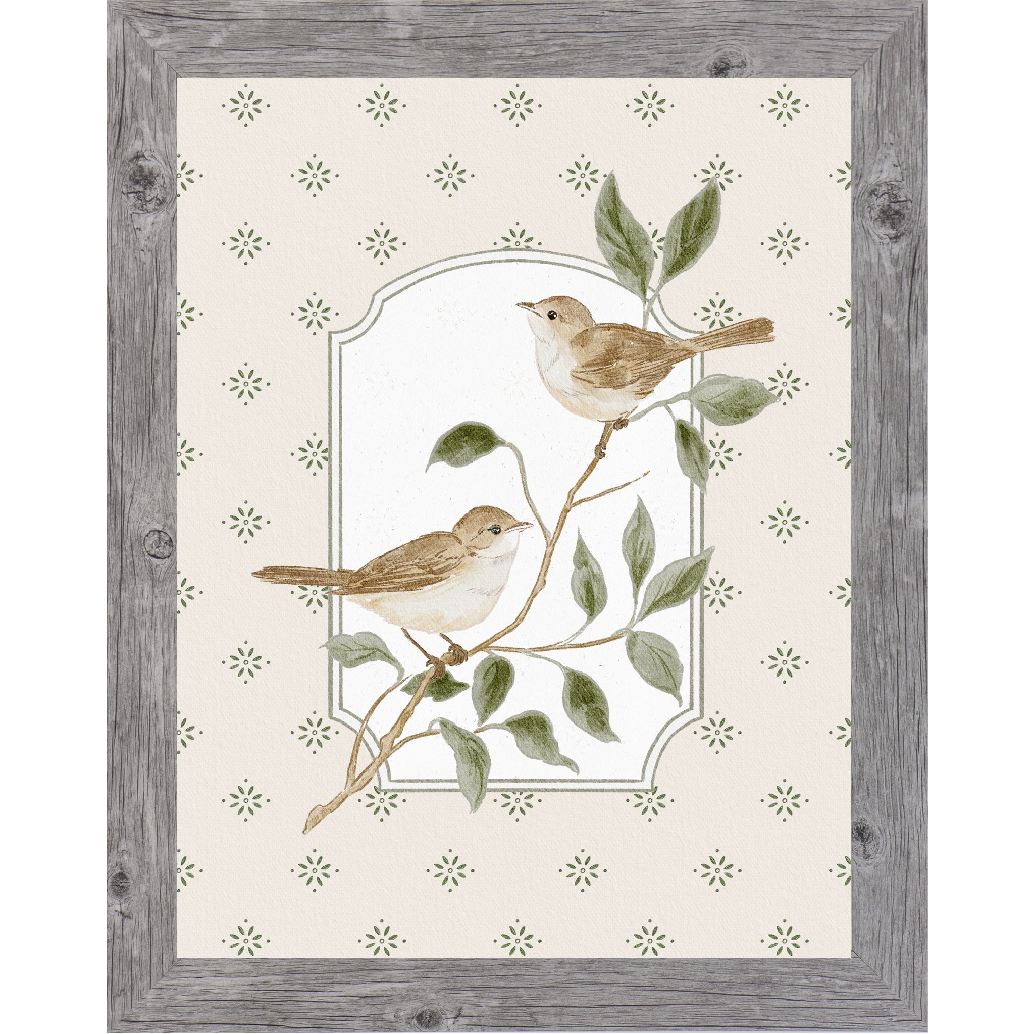 Gray Frame Color Vertical botanical bird wall art featuring two tan sparrows on branch with soft neutral star pattern background inside decorative frame panel.