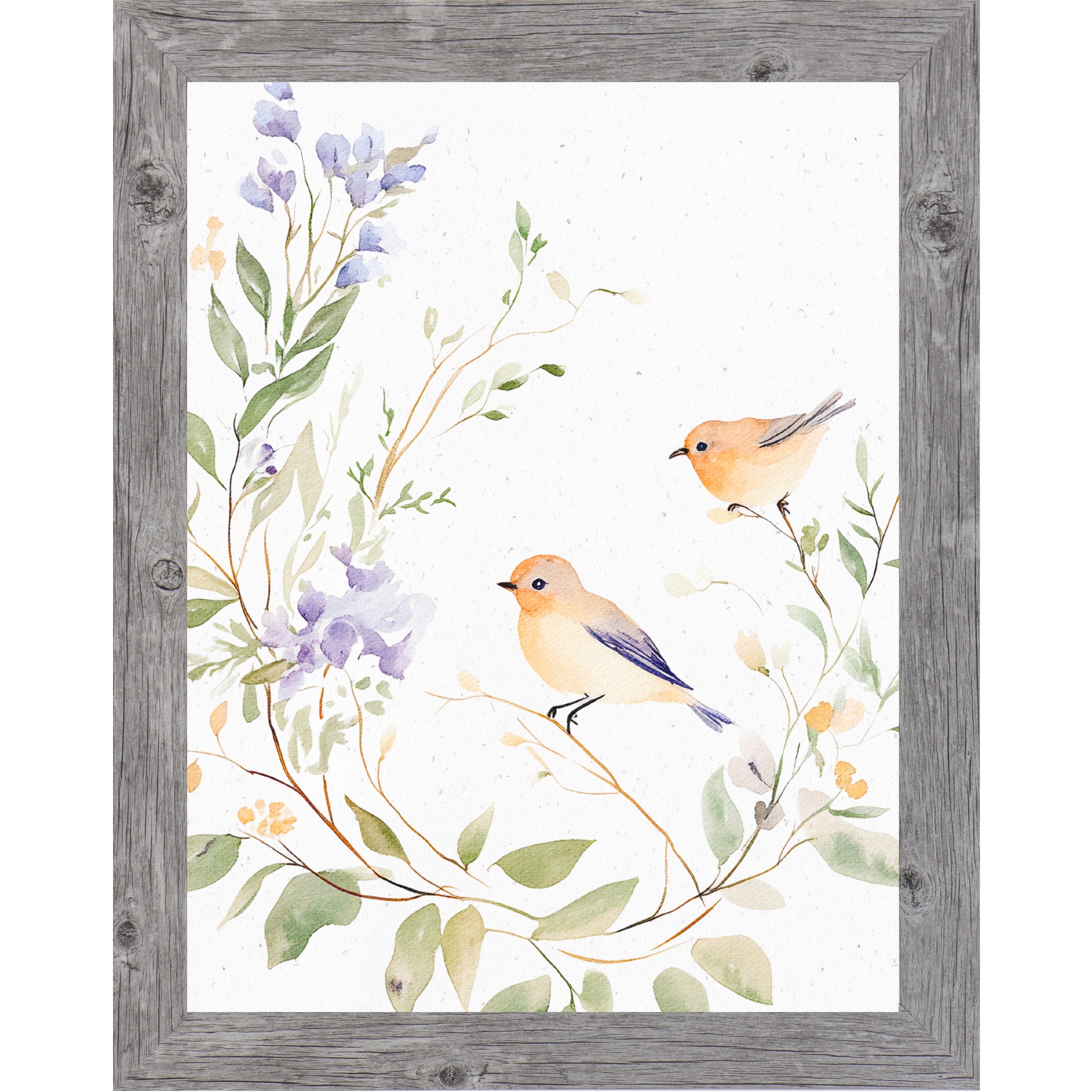Gray color Framed watercolor wall art featuring two small birds perched on a floral branch with green leaves and soft lavender flowers on a neutral white background.