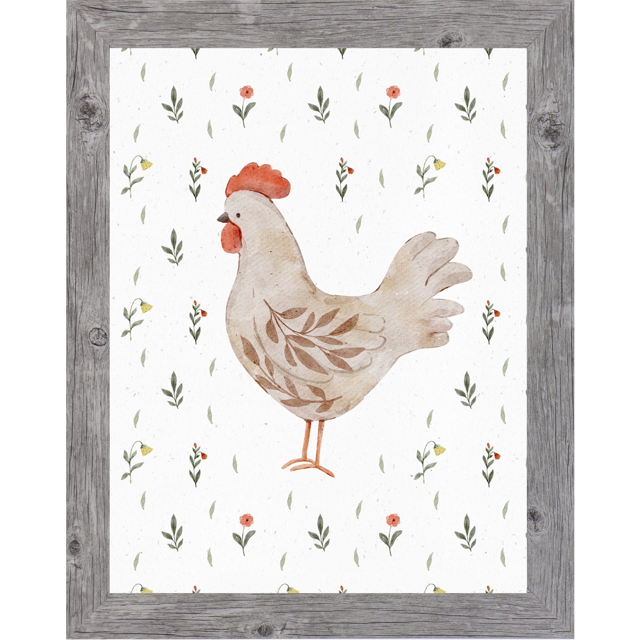 Left facing watercolor hen wall art with neutral farmhouse chicken illustration and delicate florals.