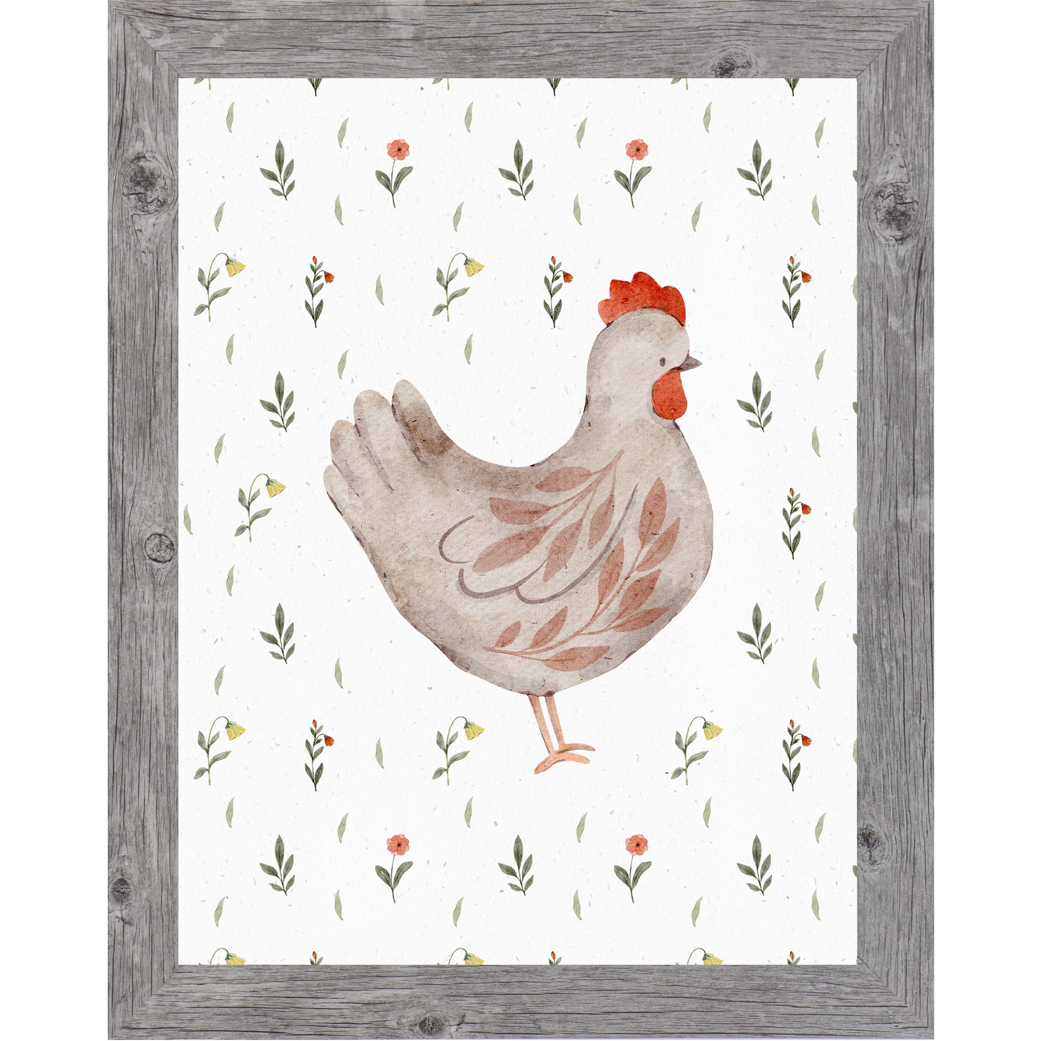 Right facing watercolor chicken wall art with neutral hen illustration and small florals on a farmhouse white background.