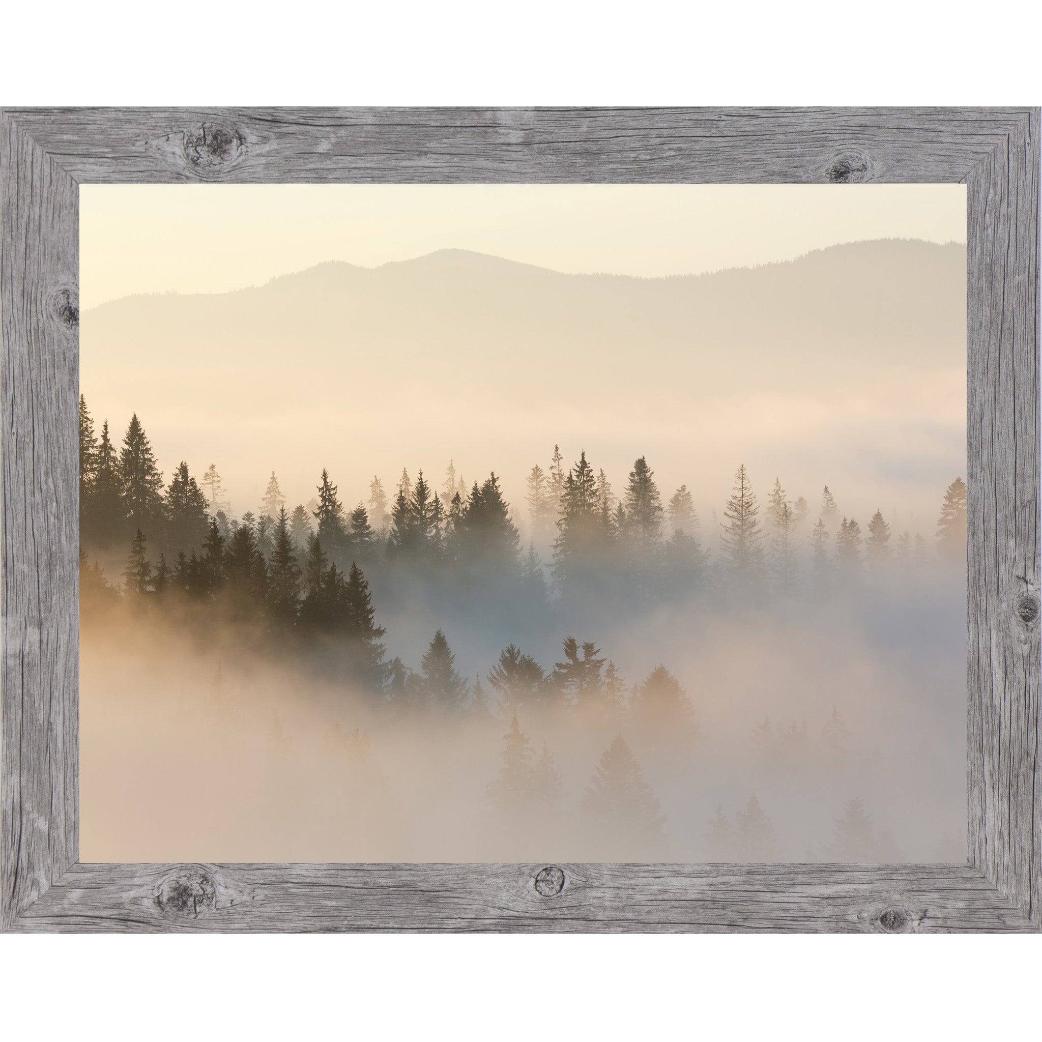 Misty mountain forest wall art featuring layered evergreen trees in golden morning fog with soft neutral tones and horizontal composition.