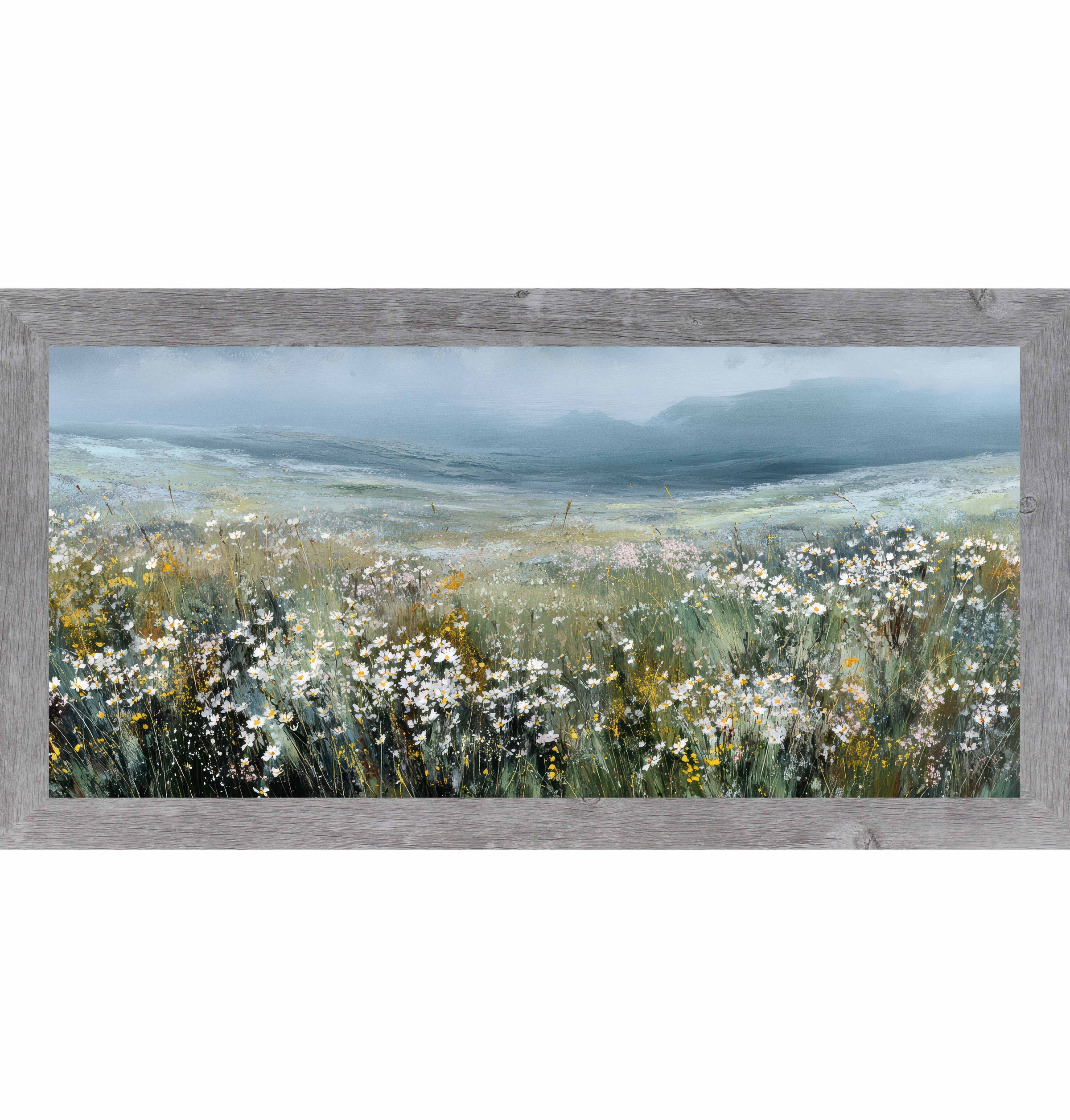 Gray Frame Color Watercolor wildflower meadow landscape framed wall art featuring rolling green hills and white blossoms beneath a soft blue sky in a wide horizontal format.