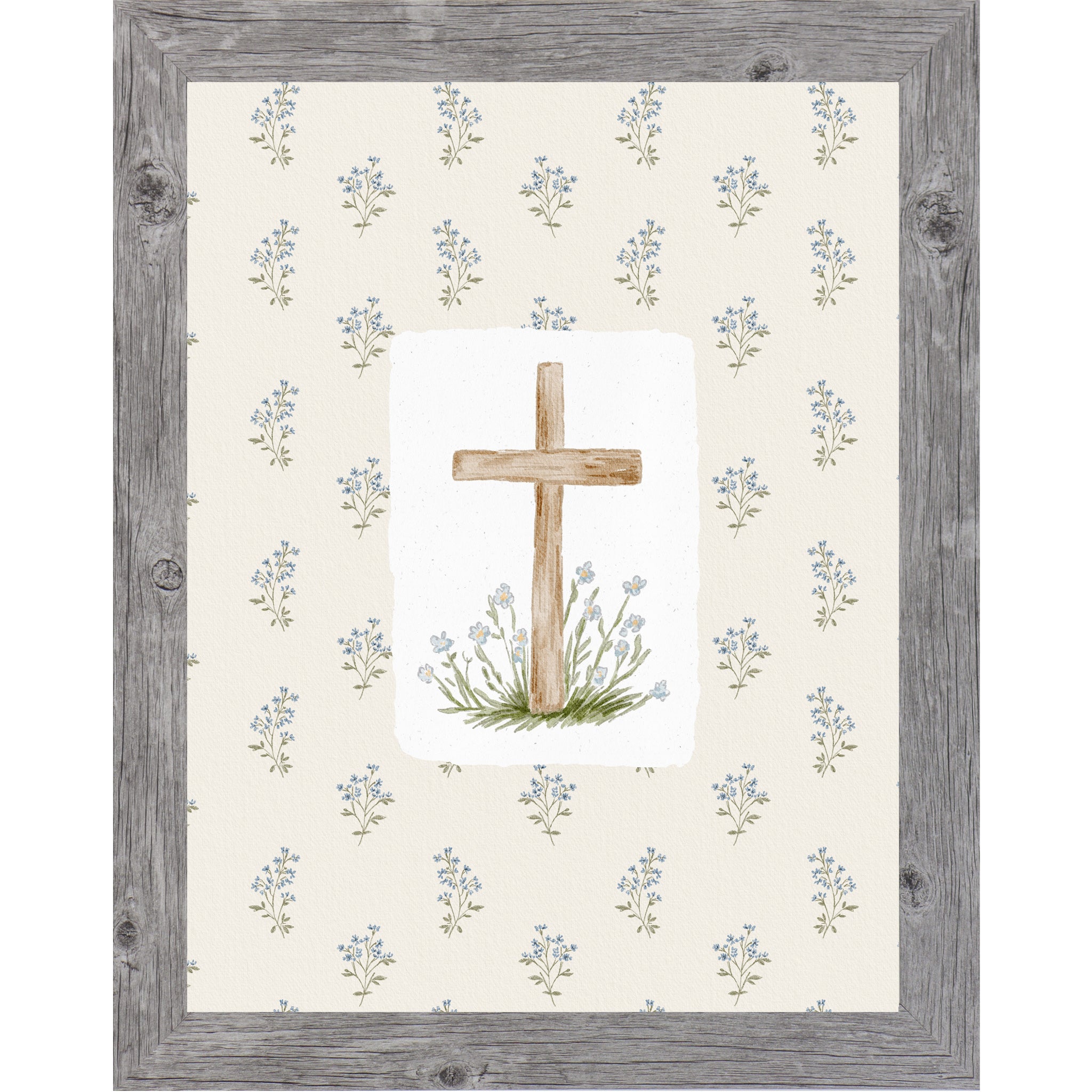 Vertical wooden cross wall art with soft blue florals on a neutral beige background in a framed Christian decor design.