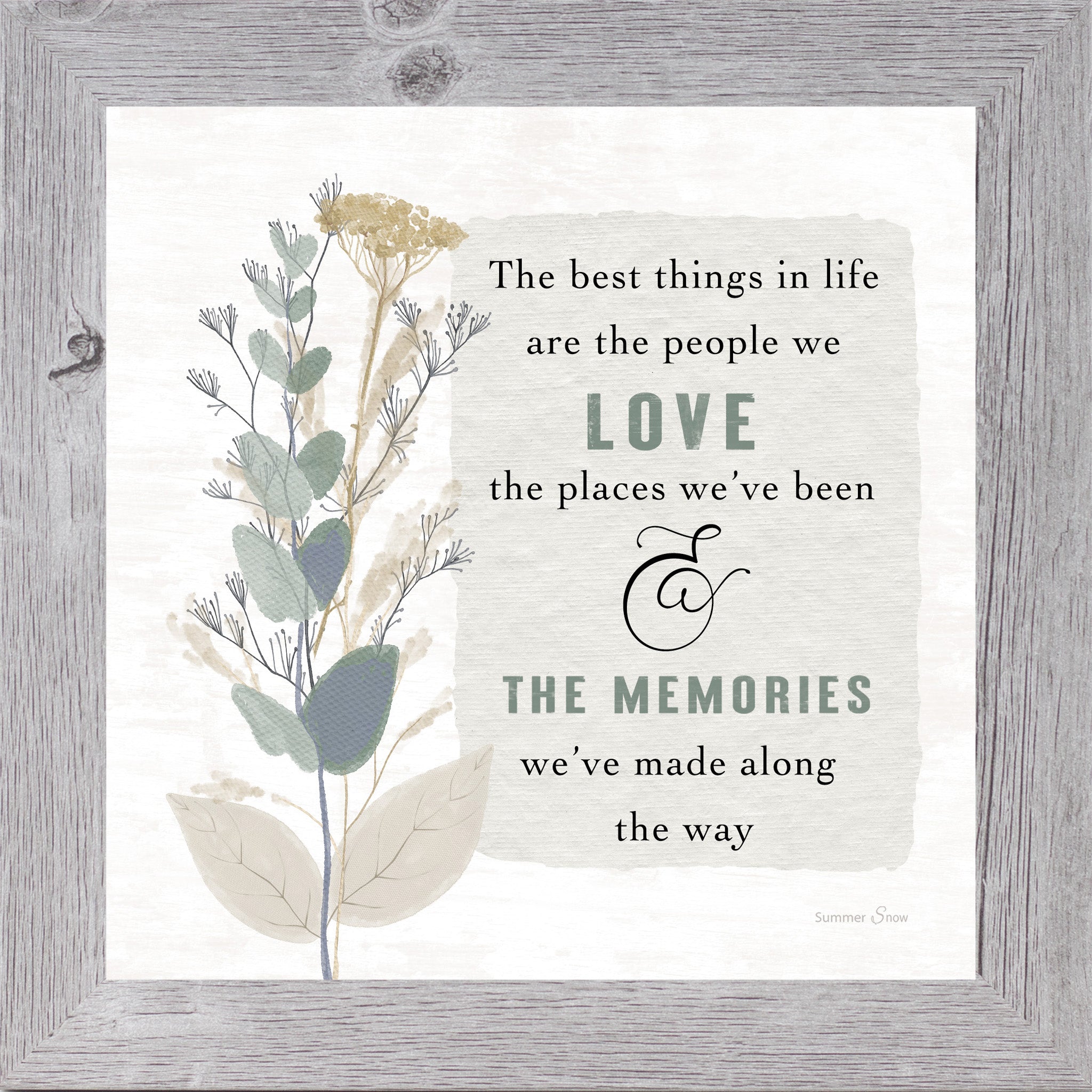 The Best Things in Life – Inspirational Framed Wall Art | Meaningful Quote with Teal & Green Florals (SA62)