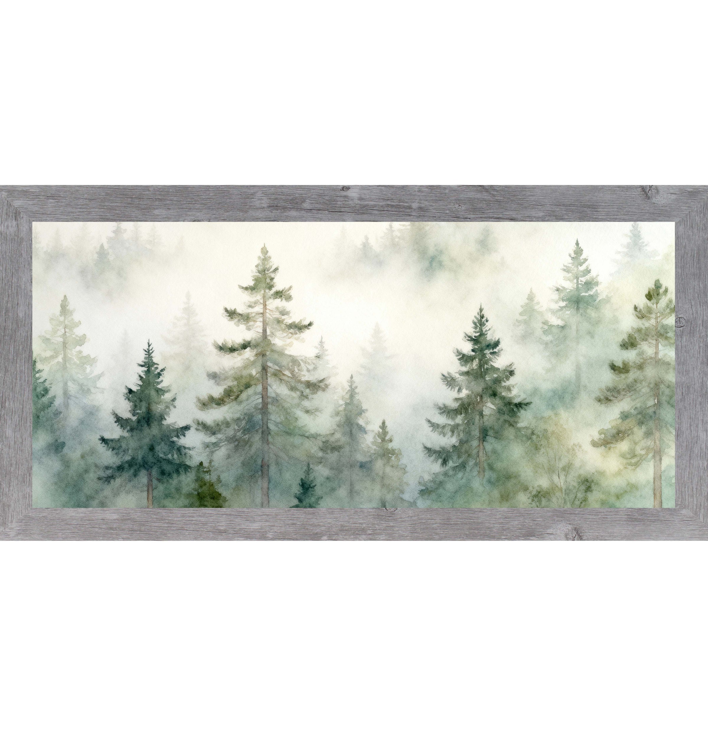 Misty Evergreen Forest – Wide Watercolor Pine Tree Framed Wall Art | Calm Nature Decor (SB725)