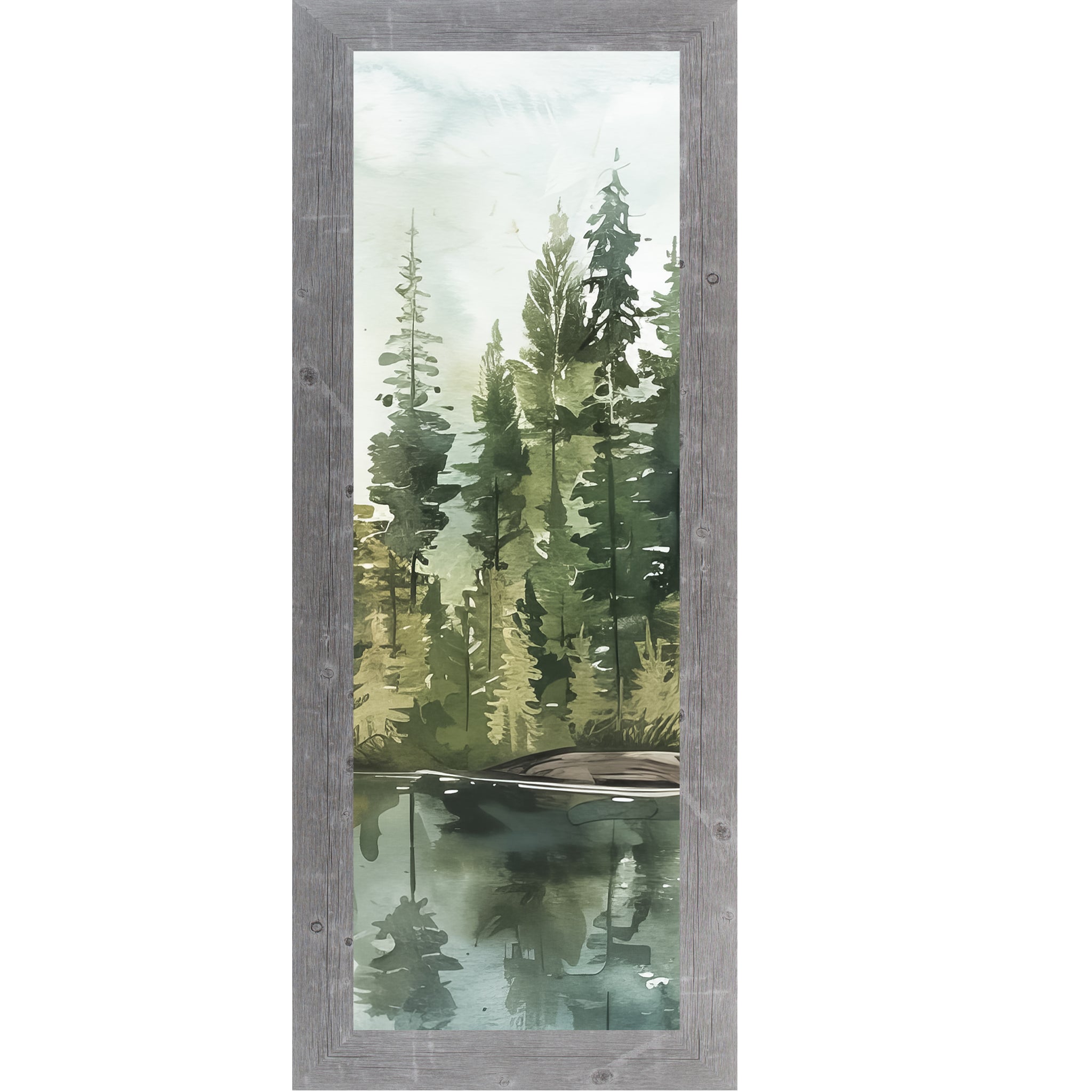Misty Pine Lake Watercolor Wall Art – Vertical Forest Reflection Framed Art (SB901) - Summer Snow Art