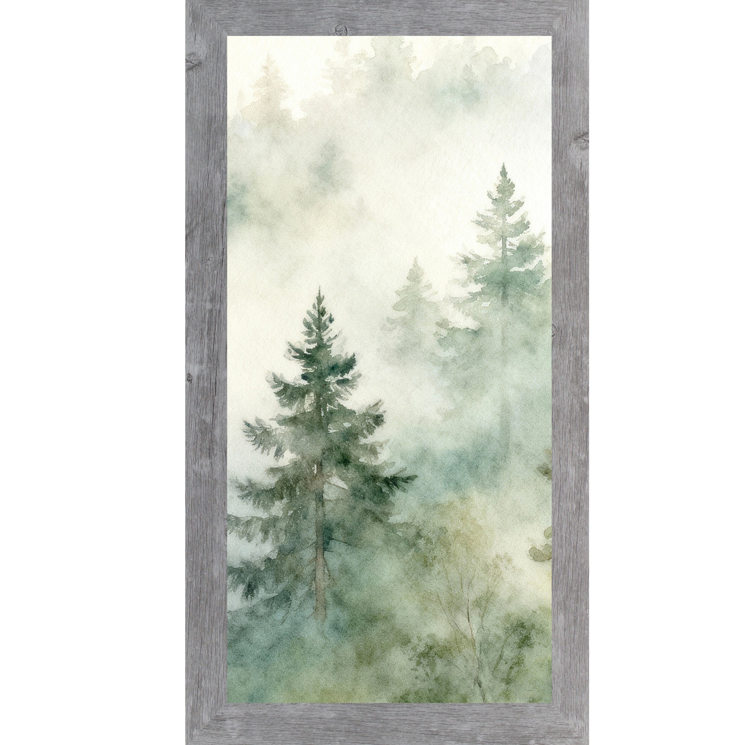 Misty Evergreen Forest – Vertical Watercolor Pine Tree Framed Wall Art | Calm Nature Decor (SB726)