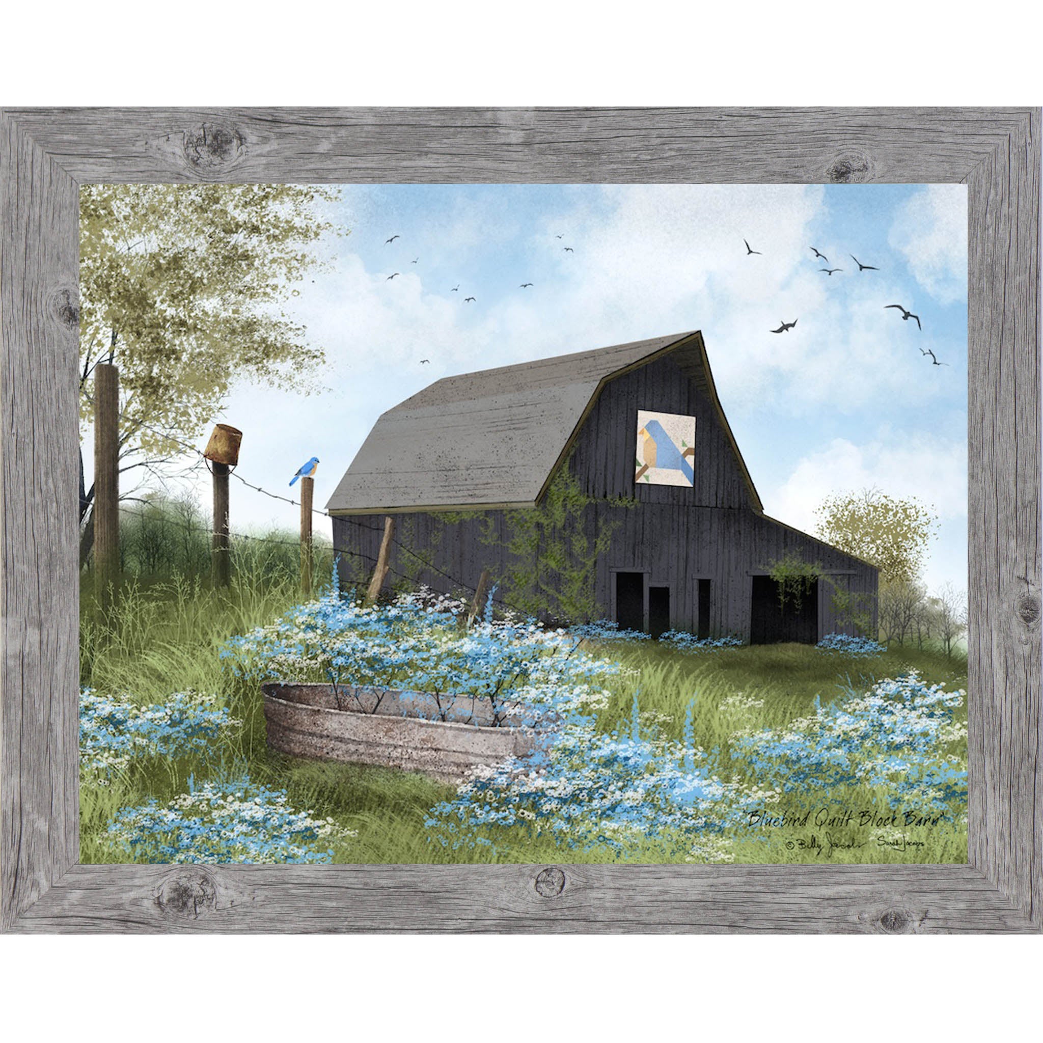 Gray framed Billy Jacobs Bluebird Quilt Block Barn wall art featuring a weathered gray gambrel barn with a bluebird quilt block on its face surrounded by blue and white wildflowers a metal stock tank a bluebird on a fence post and spring trees