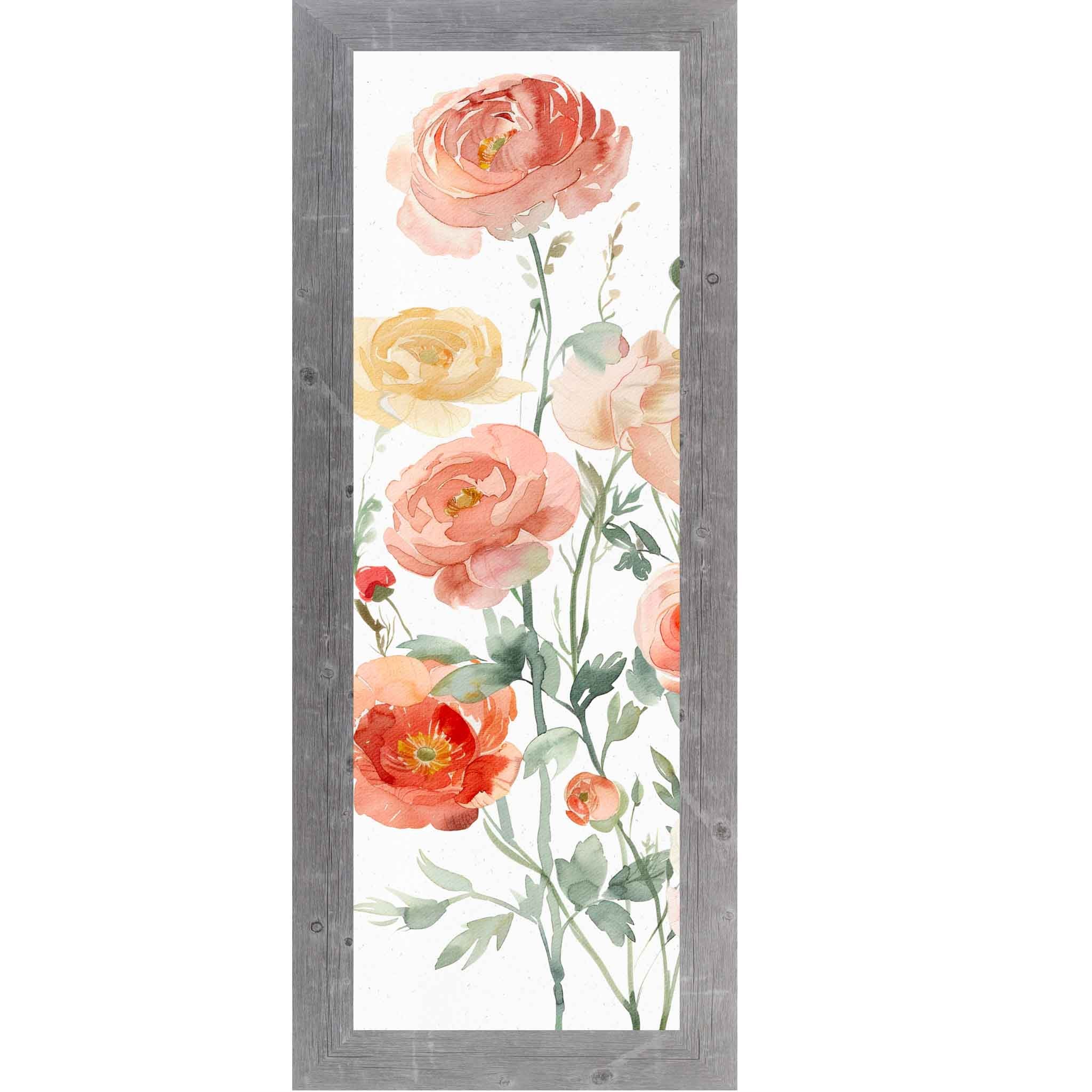 Vertical watercolor ranunculus wall art featuring large blush and coral blooms on soft white background, framed botanical decor in slim tall 8x20 to 14x40 sizes