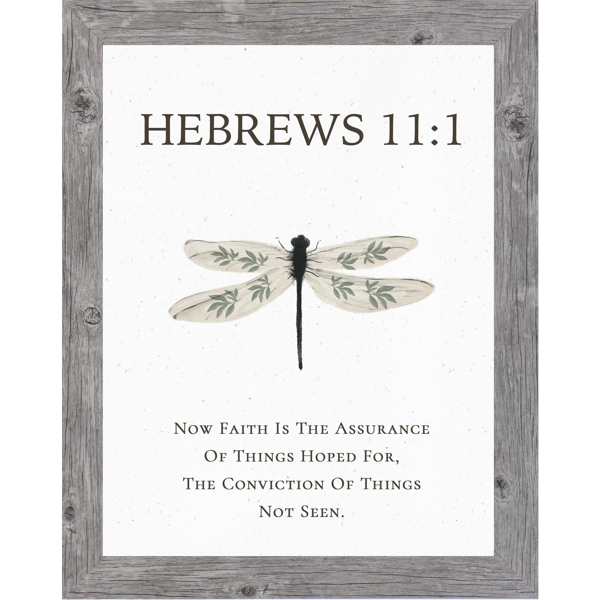 Hebrews 11:1 Christian dragonfly wall art featuring a large watercolor dragonfly with botanical wing details on a neutral white background, framed decor available in multiple sizes.