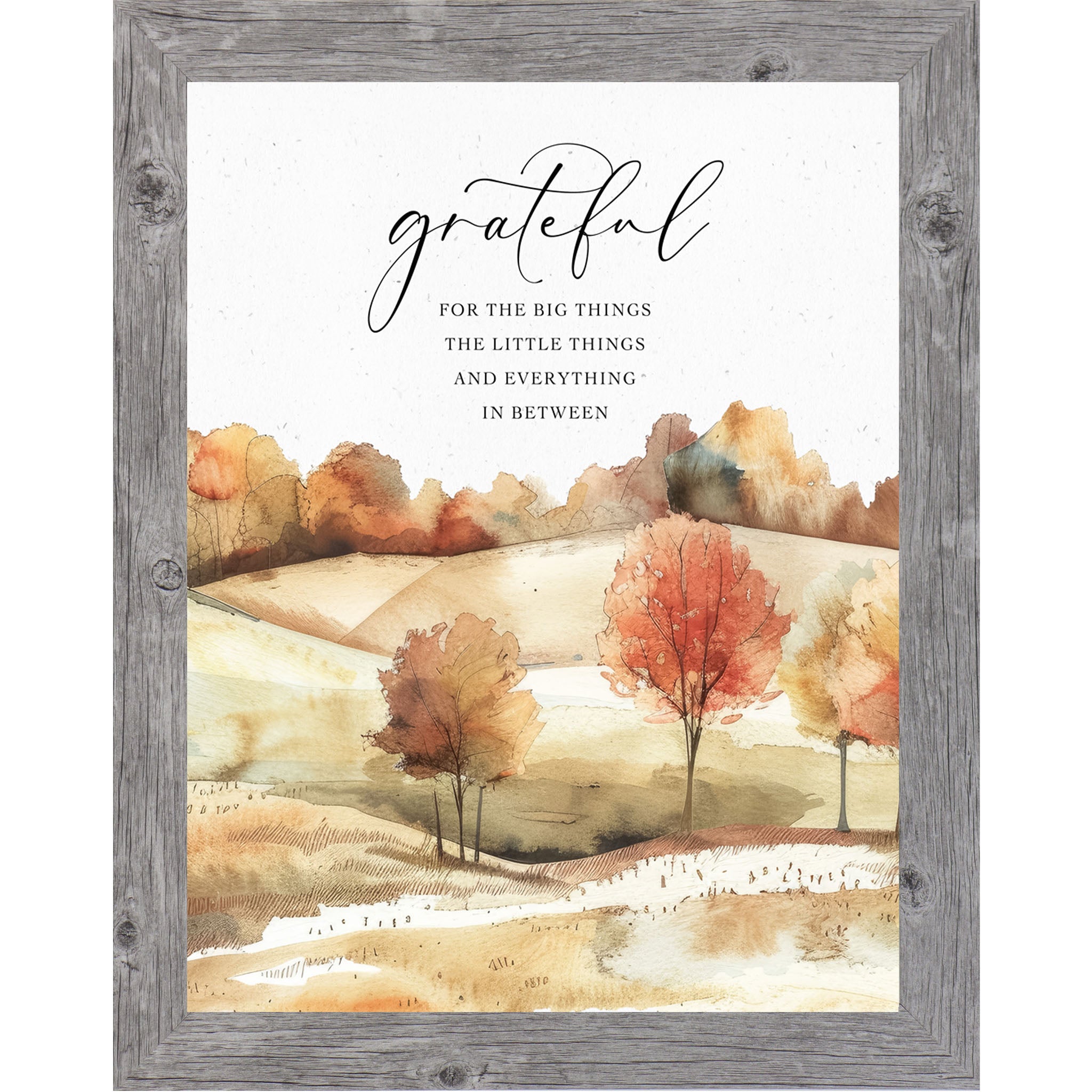 Gray framed square fall wall art featuring watercolor rolling autumn hills with vivid red orange and gold trees and the words Grateful for the Big Things the Little Things and Everything in Between in elegant script and serif typography — NS361