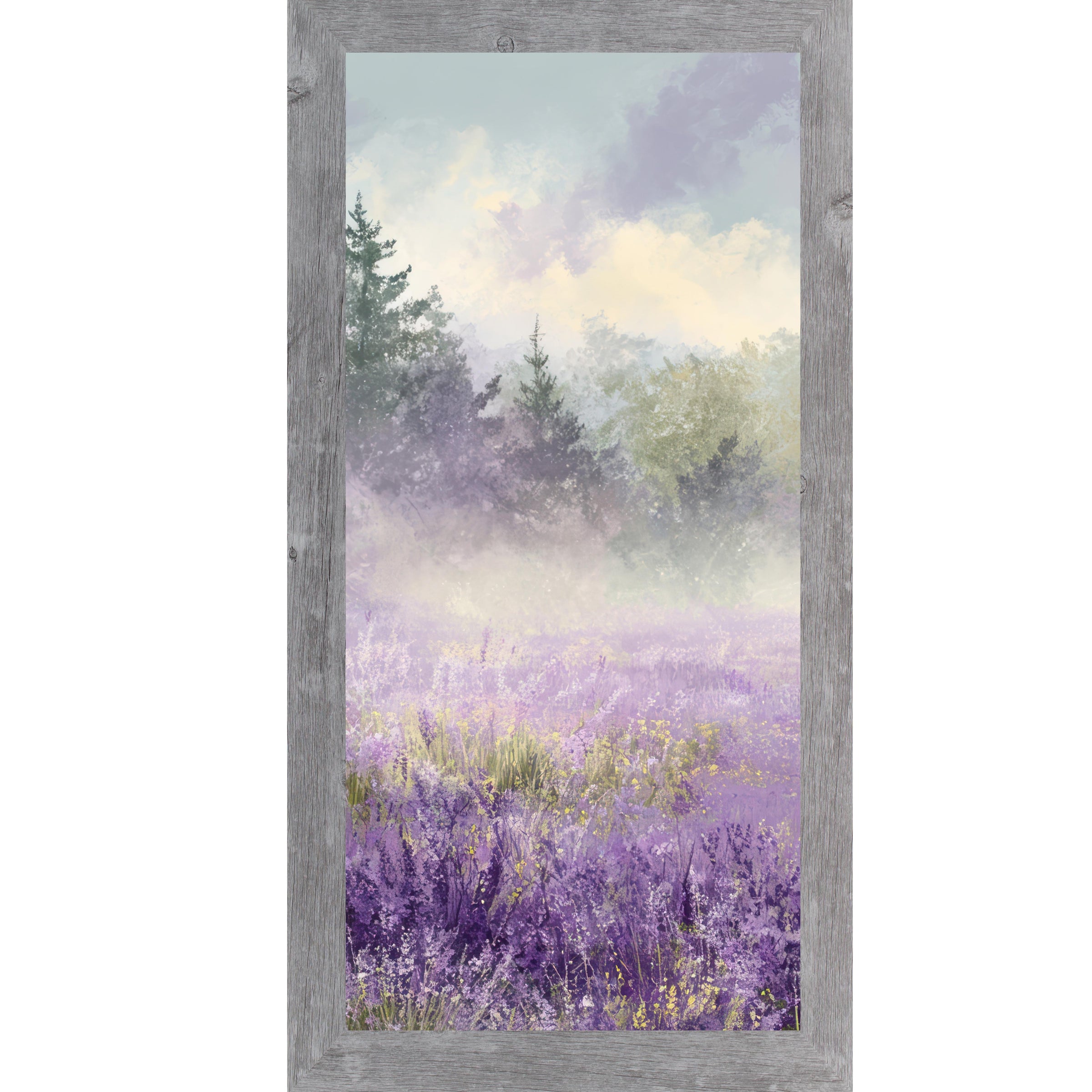 Gray framed tall portrait floral wall art featuring a misty lavender wildflower field with two dark evergreen trees upper left and golden light breaking through a dramatic violet sky — Lavender Field Left Panel SB746