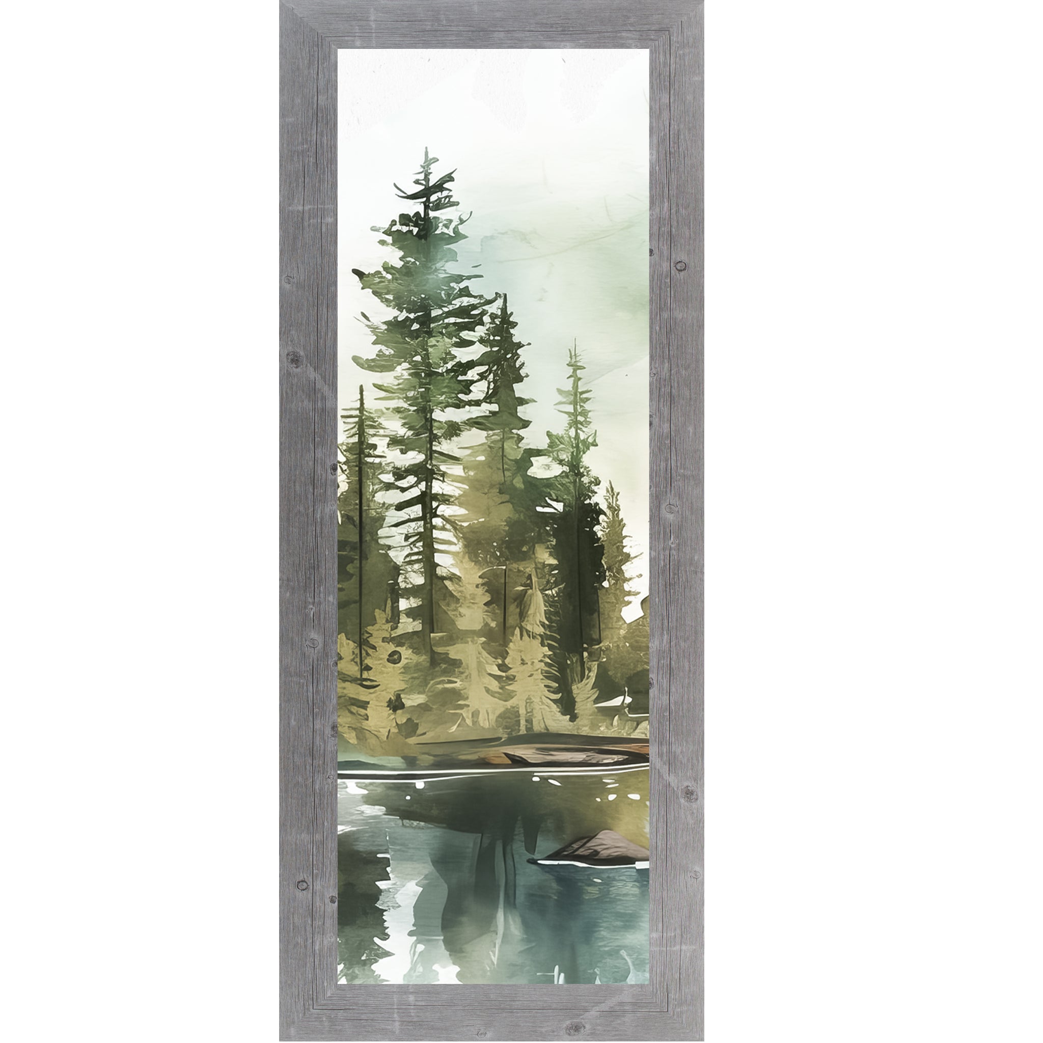Misty Pine Lake Watercolor Wall Art | Vertical Forest & Lake Framed Art (SB900)