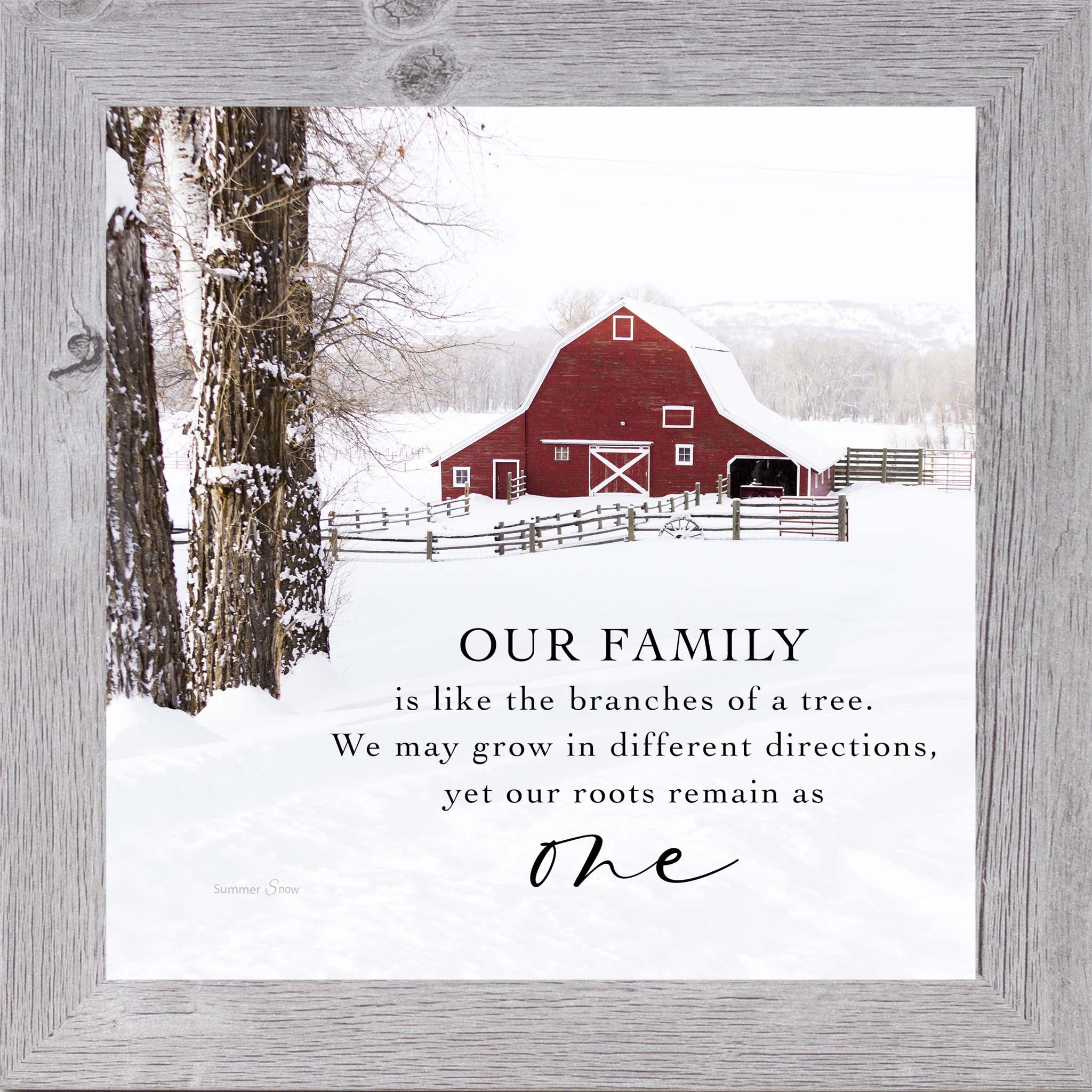 Our Family Wall Art – Winter Farm Family Quote, Rustic Red Barn Home Decor (SA110) - Summer Snow Art