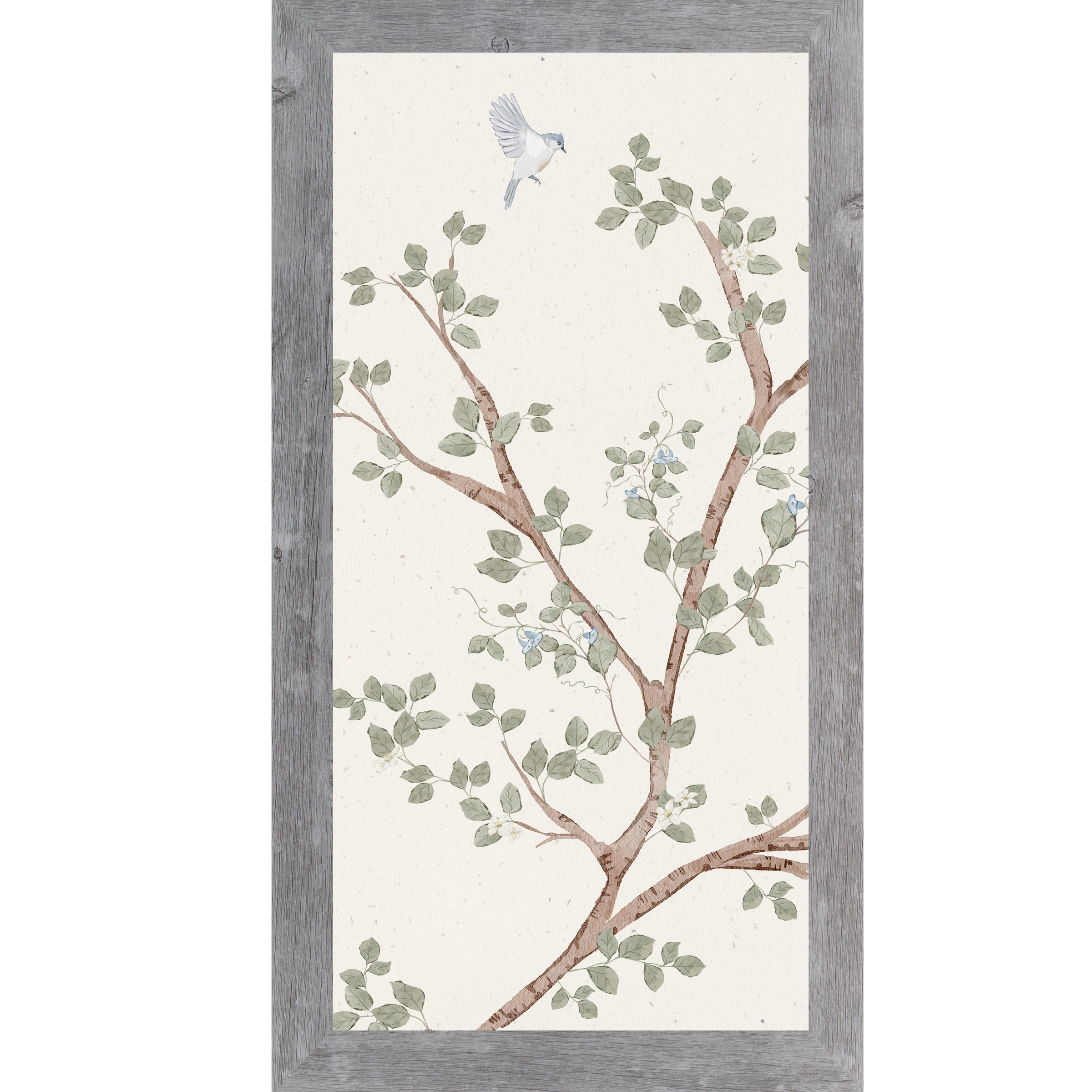 Bluebird Branch Wall Art – Left Panel Watercolor with Soft Green Leaves (SB731)