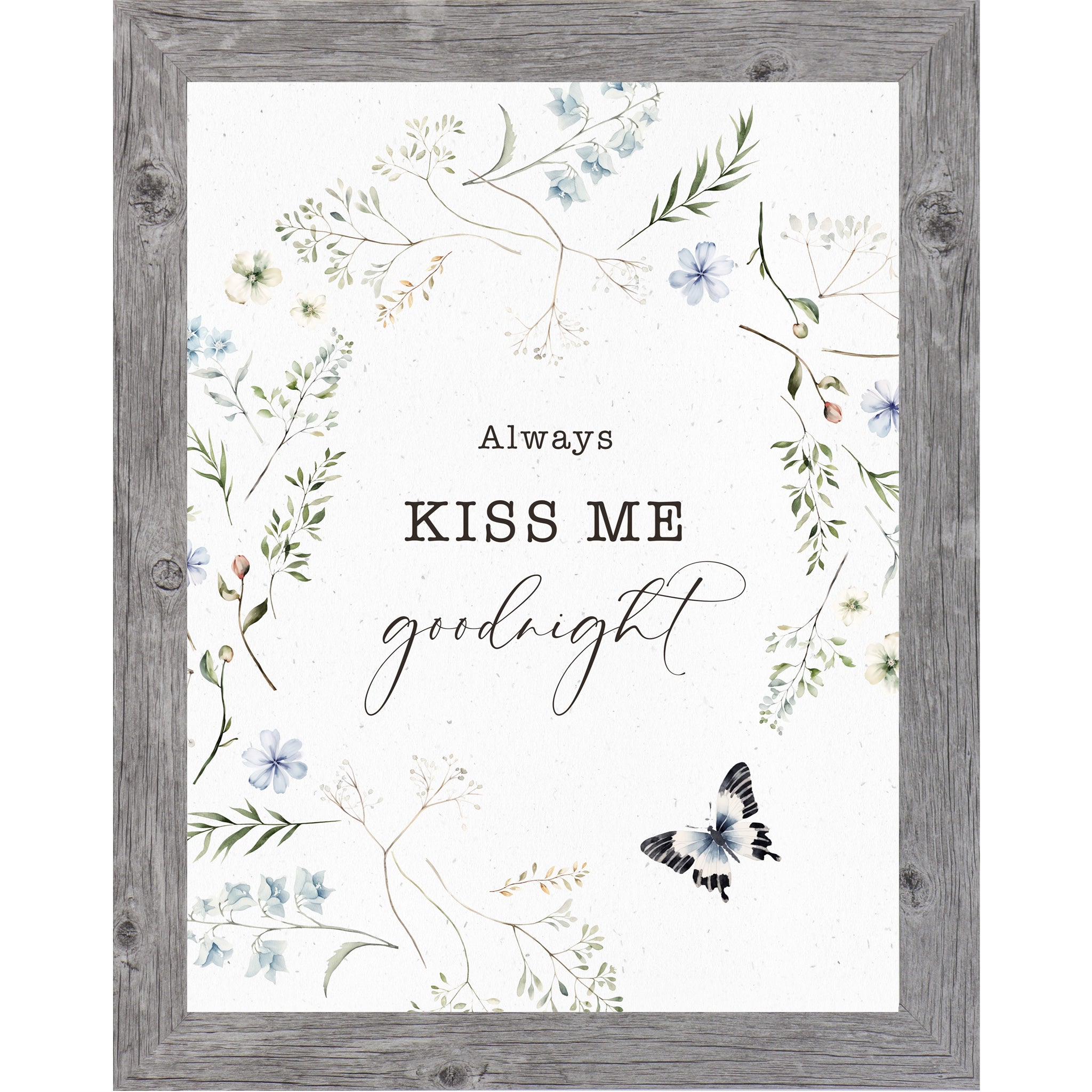 Always Kiss Me Goodnight – Romantic Floral Wreath Wall Art, Soft Neutral Bedroom Decor (SB148)