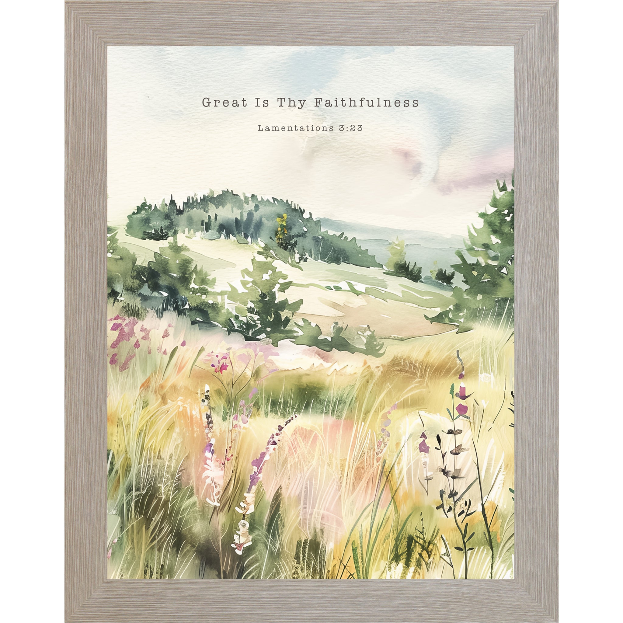 Watercolor meadow wall art with soft green fields and wildflowers featuring the scripture Great Is Thy Faithfulness from Lamentations 3:23