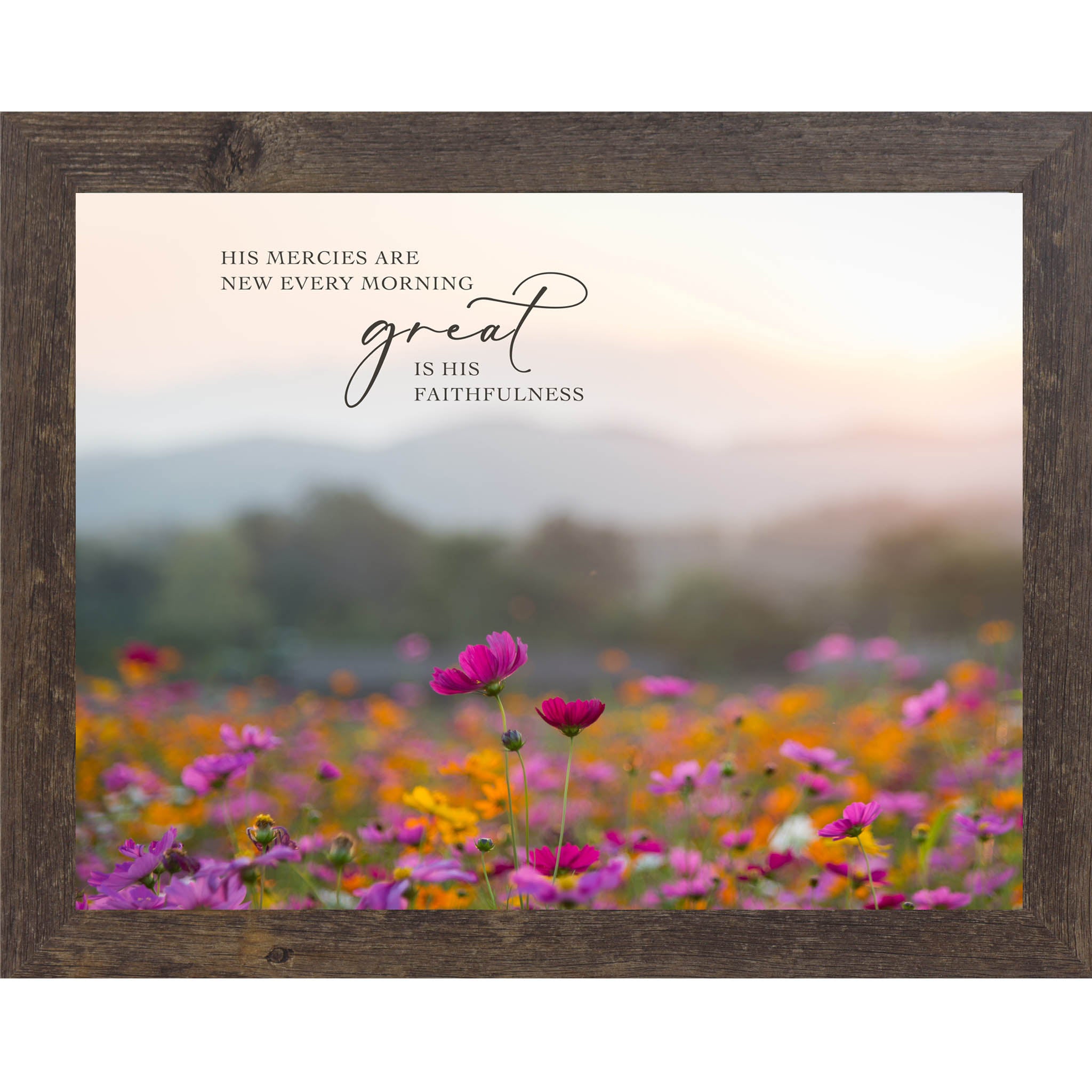 Floral scripture wall art with the words “His mercies are new every morning; great is His faithfulness.”