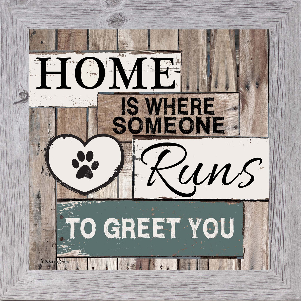 Square framed wall art featuring the quote “Home is where someone runs to greet you” on white slatted wood with paw prints and heart detail, dog lover decor