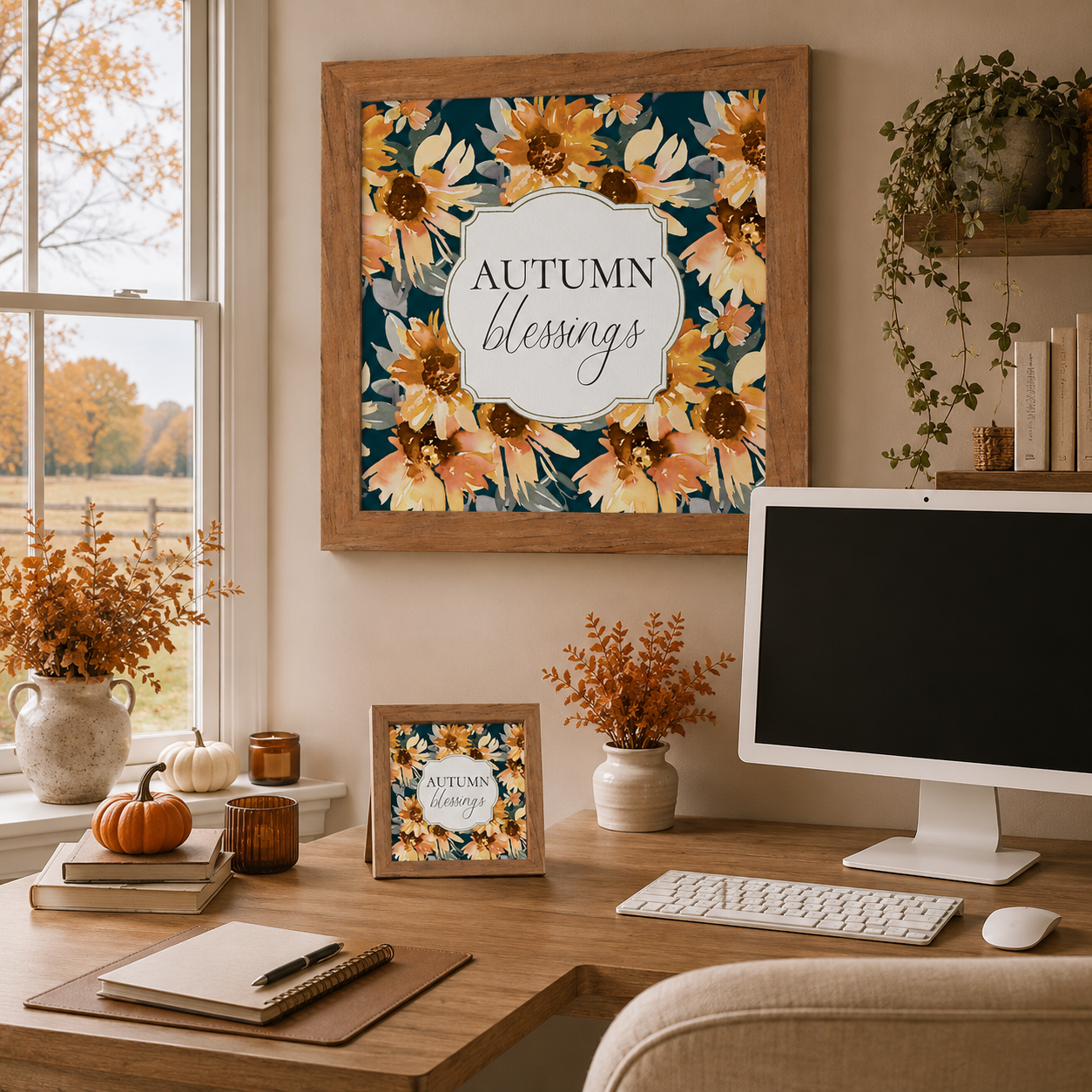 Farmhouse home office with Autumn Blessings wall art SB307 in farmtable frame — 26x26 hanging on wall and 8x8 easel back on desk beside computer — navy sunflower fall decor with autumn foliage outside window