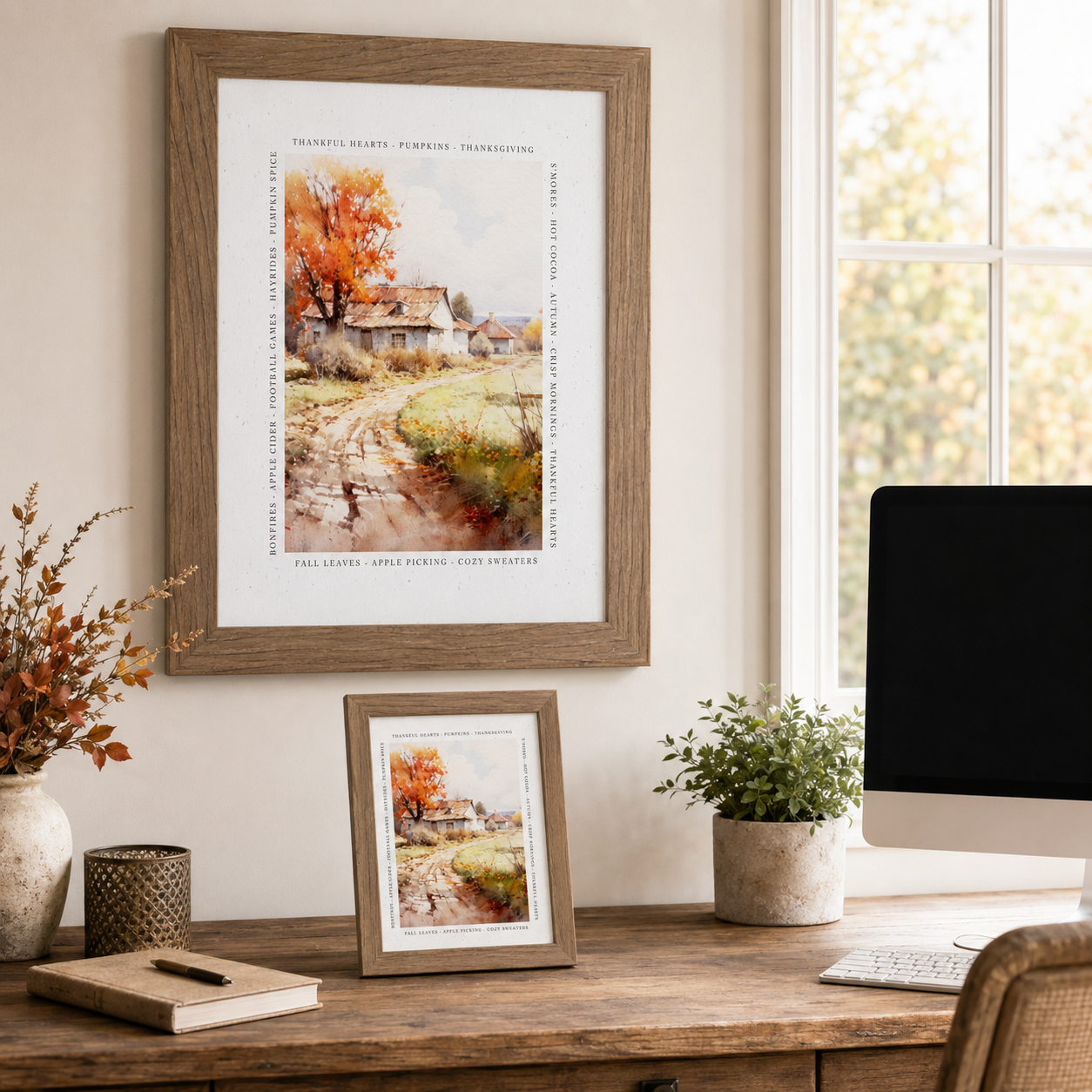 Farmtable framed Fall Words Farmhouse autumn wall art SN387 displayed large on home office wall beside window with fall view — fall branches in vase and 8x10 easel back on wood desk — watercolor farmhouse and country lane with blazing orange maple tree surrounded by fall word border including Thankful Hearts Pumpkins Thanksgiving Bonfires Apple Cider Football Games Hayrides Pumpkin Spice Fall Leaves Apple Picking Cozy Sweaters S'mores Hot Cocoa Autumn Crisp Mornings