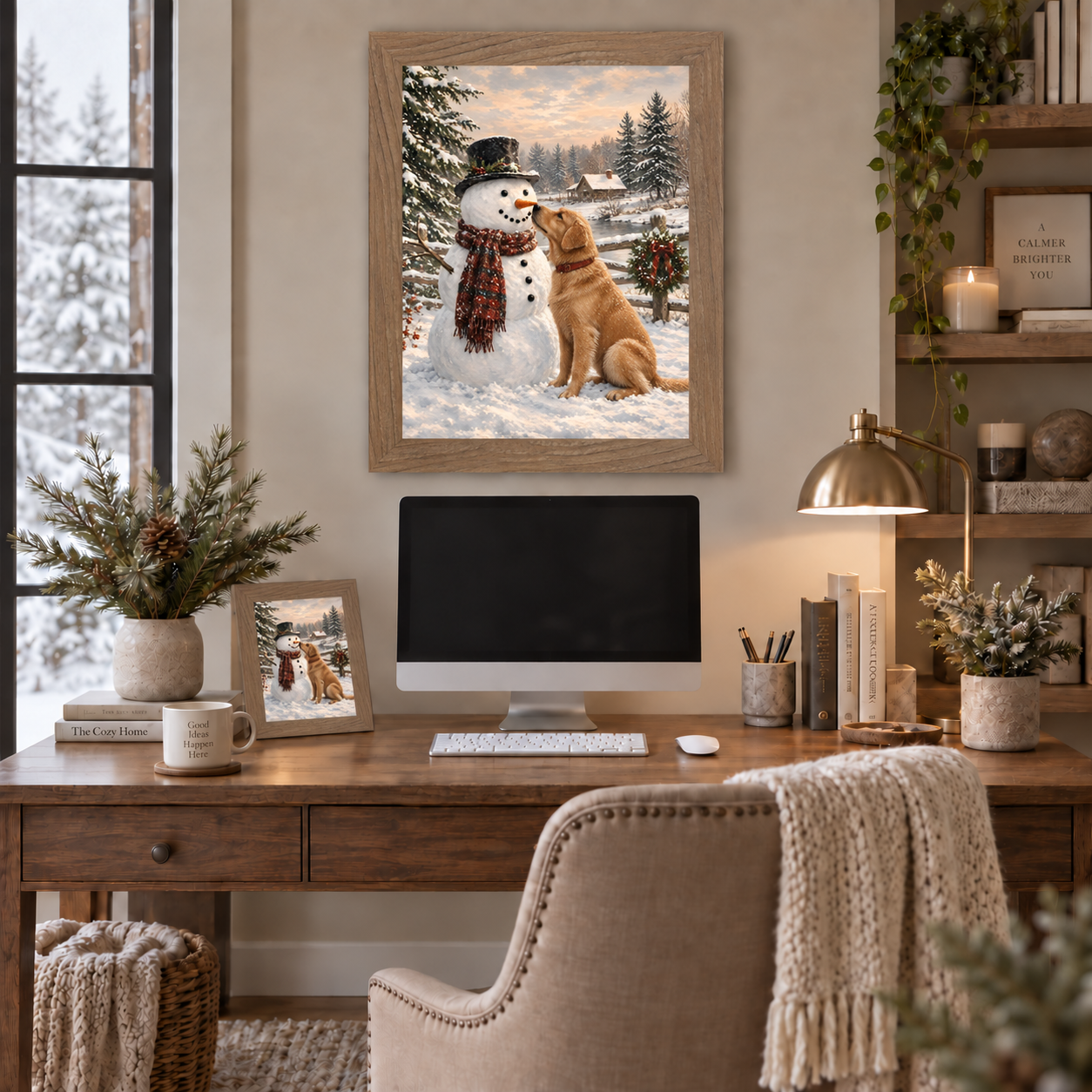 Farmtable framed heritage Christmas wall art of a golden retriever and snowman displayed above a home office desk with a computer monitor, brass lamp, pine branches in a vase, and a matching smaller piece on an easel with books and a coffee mug