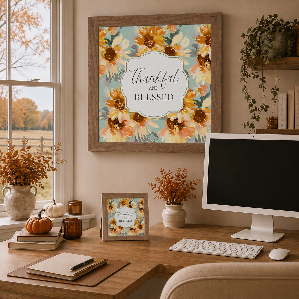 Farmhouse home office with Thankful and Blessed wall art SB308 in farmtable frame — 26x26 hanging on wall and 8x8 easel back on desk beside computer — sage sunflower fall decor with autumn foliage outside window