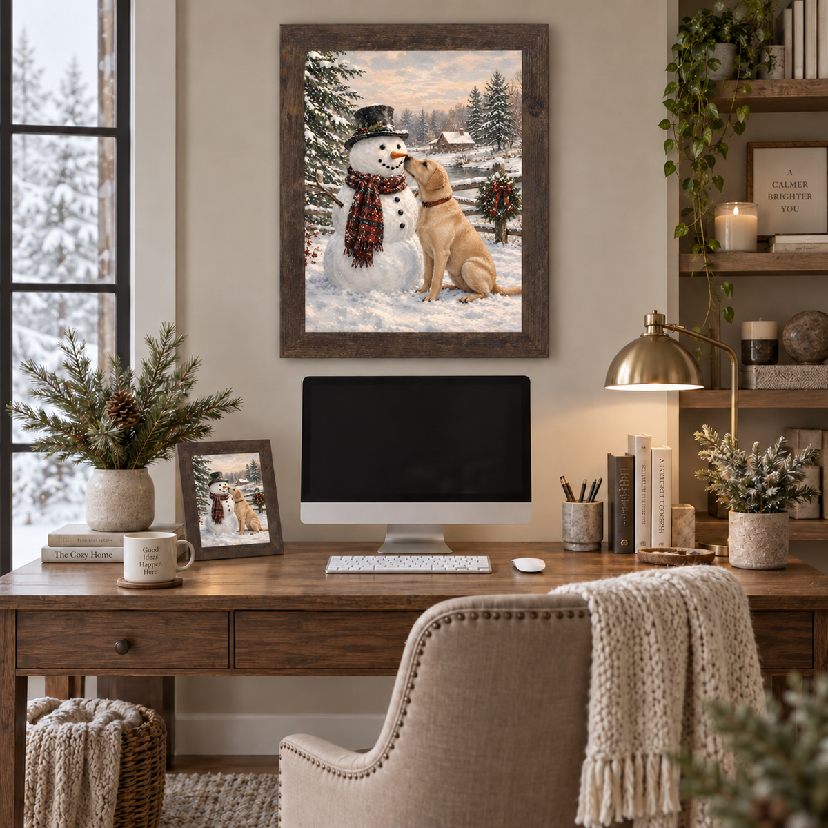 Natural brown framed heritage Christmas wall art of a yellow Labrador and snowman displayed above a home office desk with a computer monitor, brass lamp, pine branches in a vase, and a matching smaller piece on an easel with books and a coffee mug