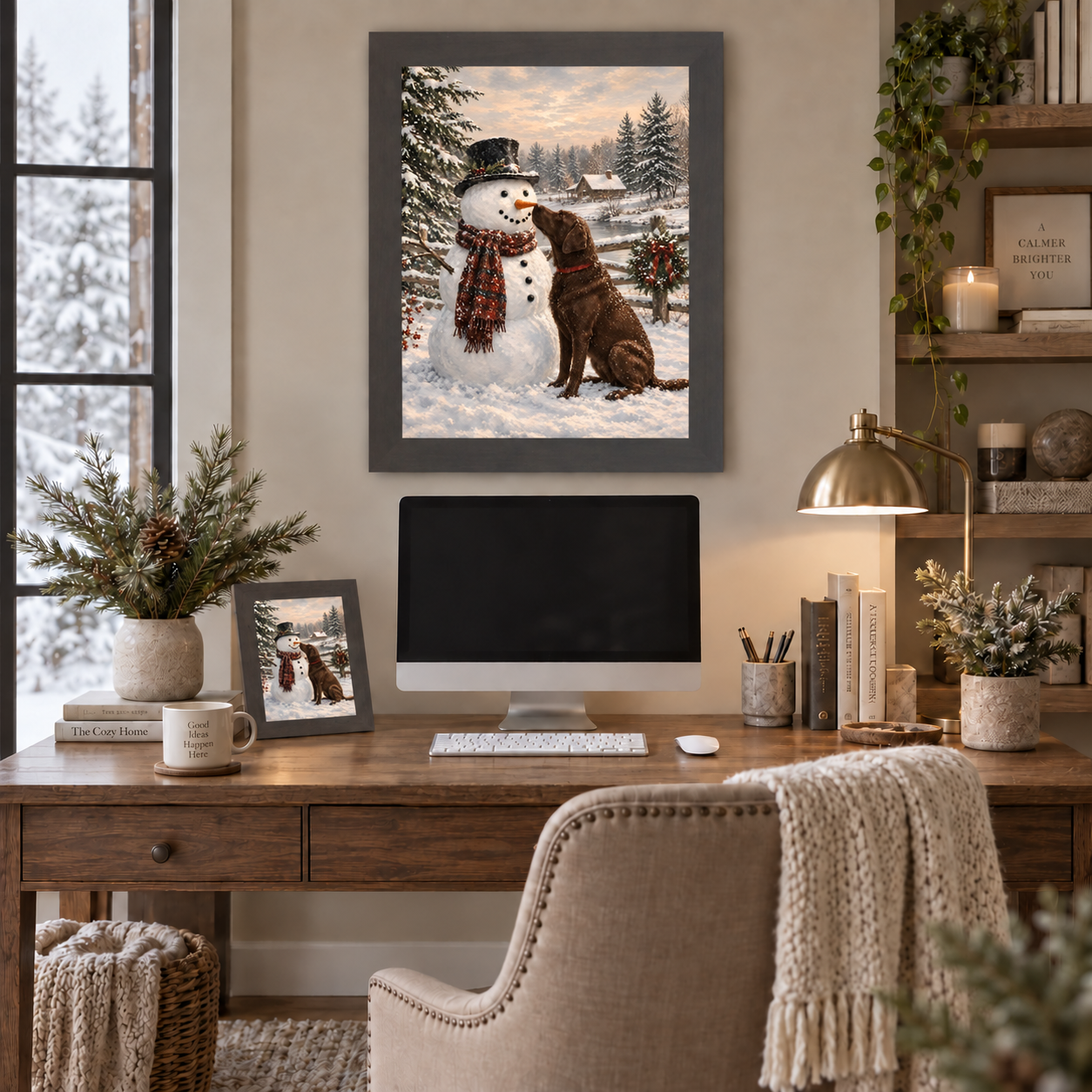 Slatewood framed heritage Christmas wall art of a chocolate Labrador and snowman displayed above a home office desk with a computer monitor, brass lamp, pine branches in a vase, and a matching smaller piece on an easel with books and a coffee mug