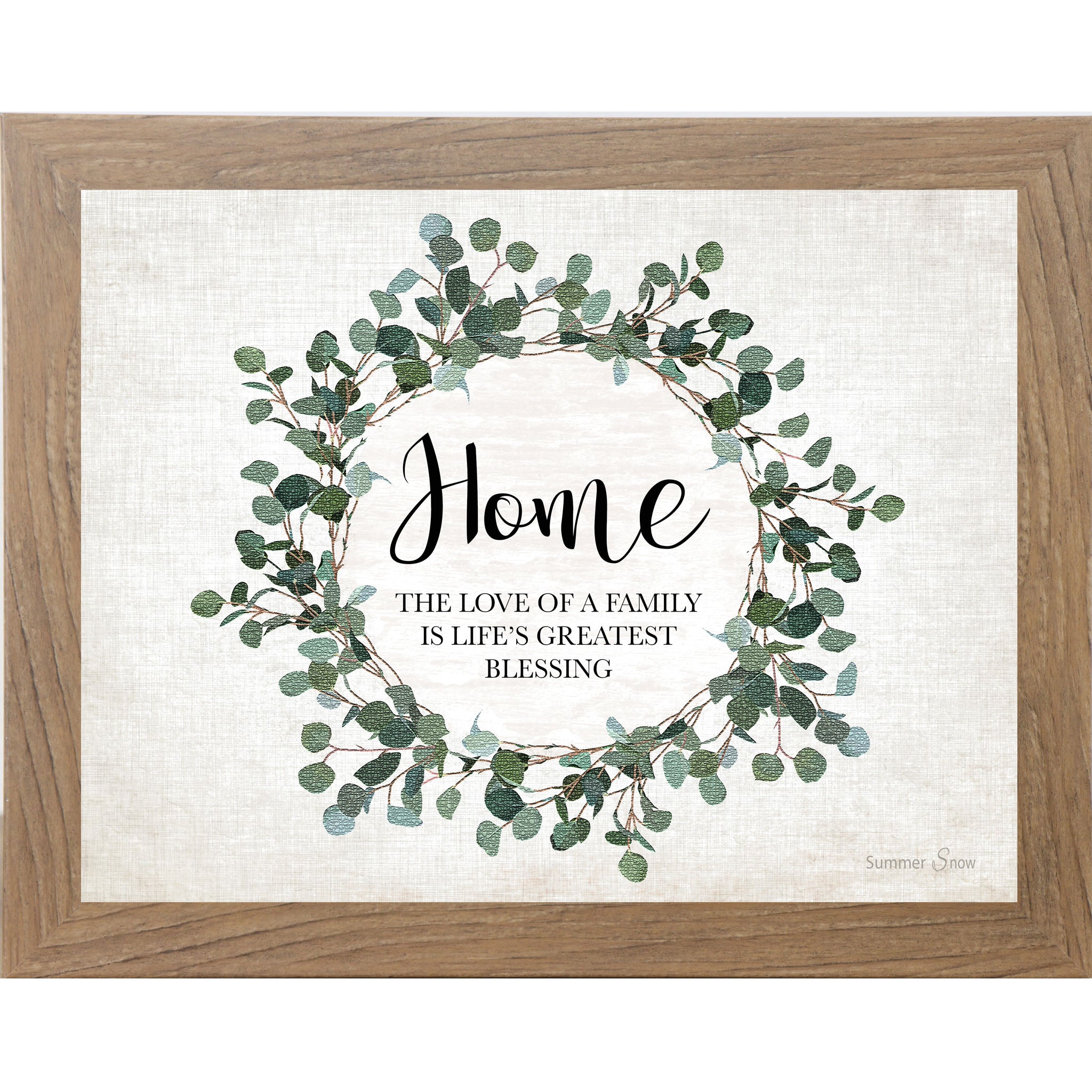 Framed home wall art featuring a soft green floral wreath on an off-white background with the words Home and The love of a family is life’s greatest blessing