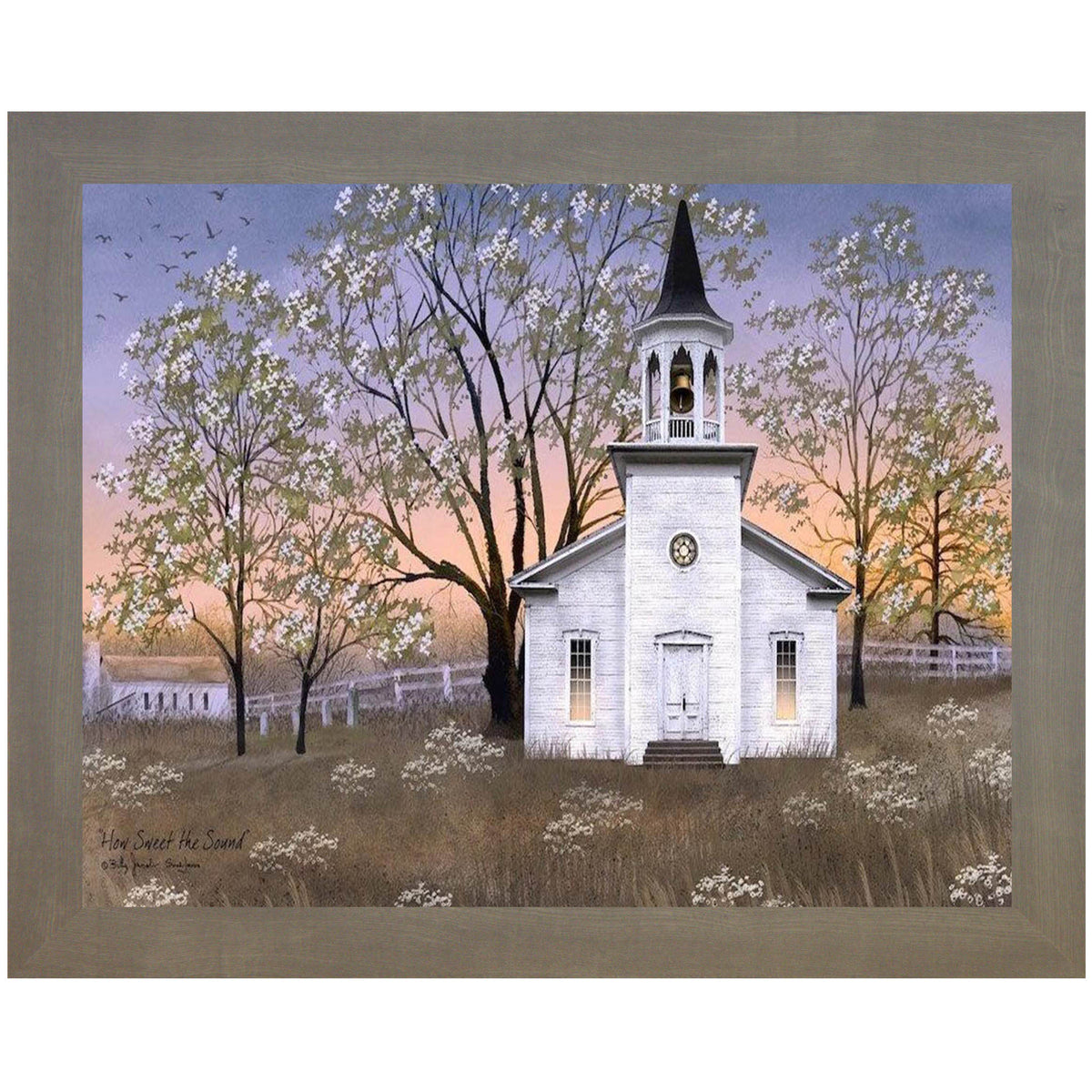 Framed white country church print inspired by Billy Jacobs with hand-glittered accents