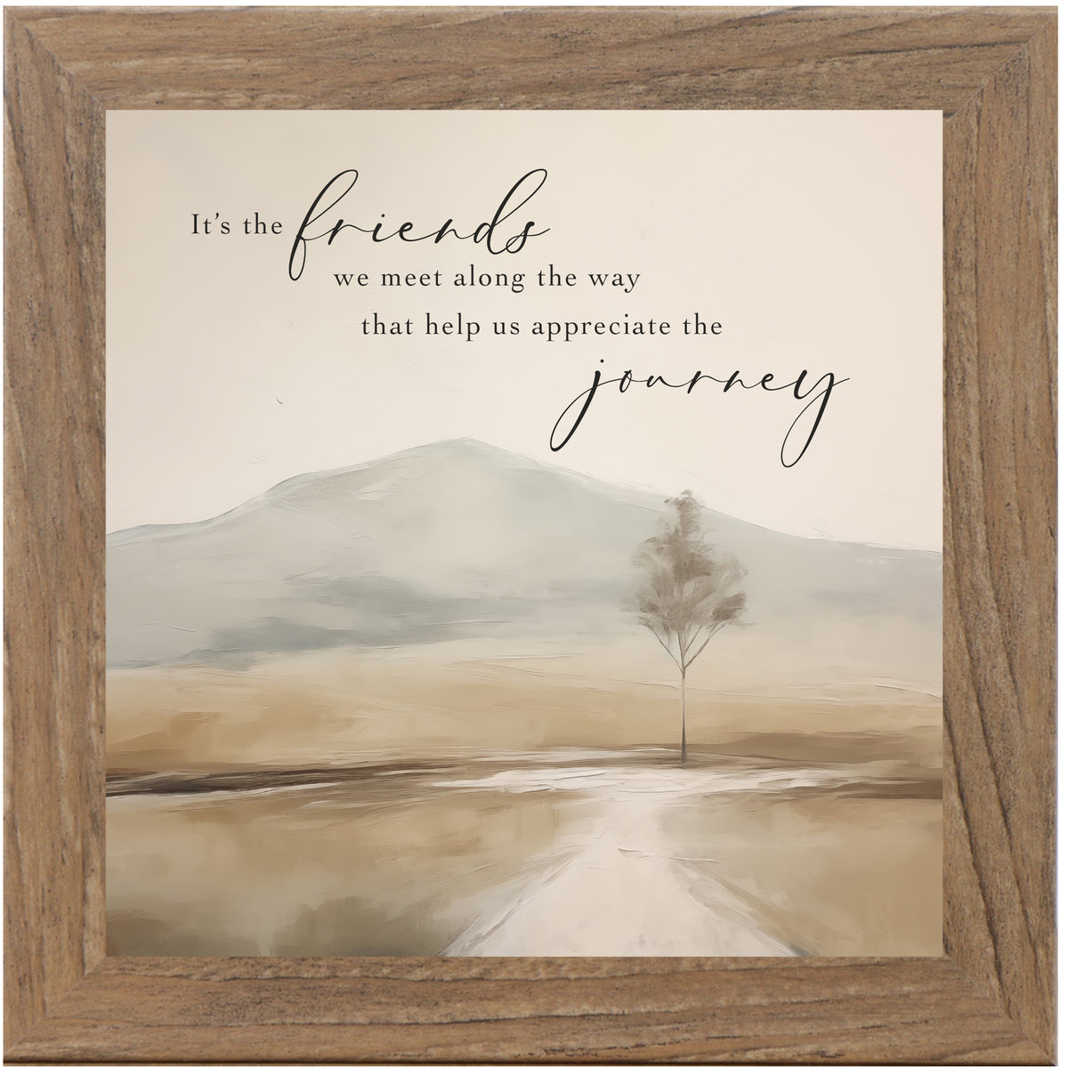 Inspirational framed wall art with quote It’s the friends we meet along the way on a neutral background, meaningful home decor by Summer Snow