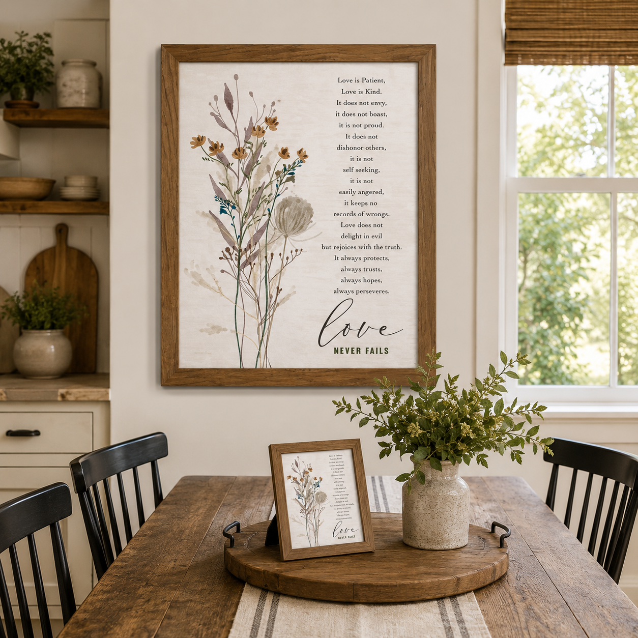 Farmhouse dining room with Love is Patient Love Never Fails wall art SA388 in farmtable frame — 26x32 hanging on wall and 8x10 easel back standing on wooden dining table beside greenery