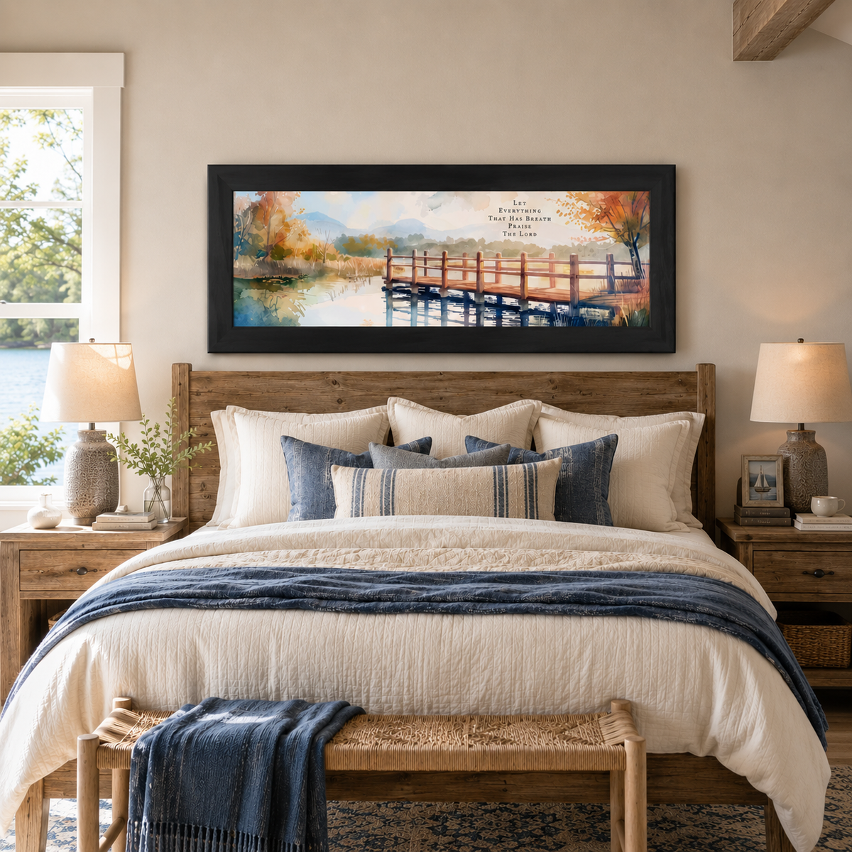 Black framed wide panoramic Christian wall art featuring Let Everything That Has Breath Praise The Lord with watercolor autumn bridge over still lake water displayed as a large 40x14 statement piece above a reclaimed wood headboard in a lake house master bedroom with navy blue pillows and lake view through the window