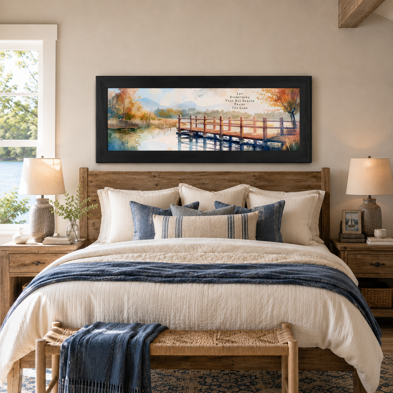 Black framed wide panoramic Christian wall art featuring Let Everything That Has Breath Praise The Lord with watercolor autumn bridge over still lake water displayed as a large 40x14 statement piece above a reclaimed wood headboard in a lake house master bedroom with navy blue pillows and lake view through the window