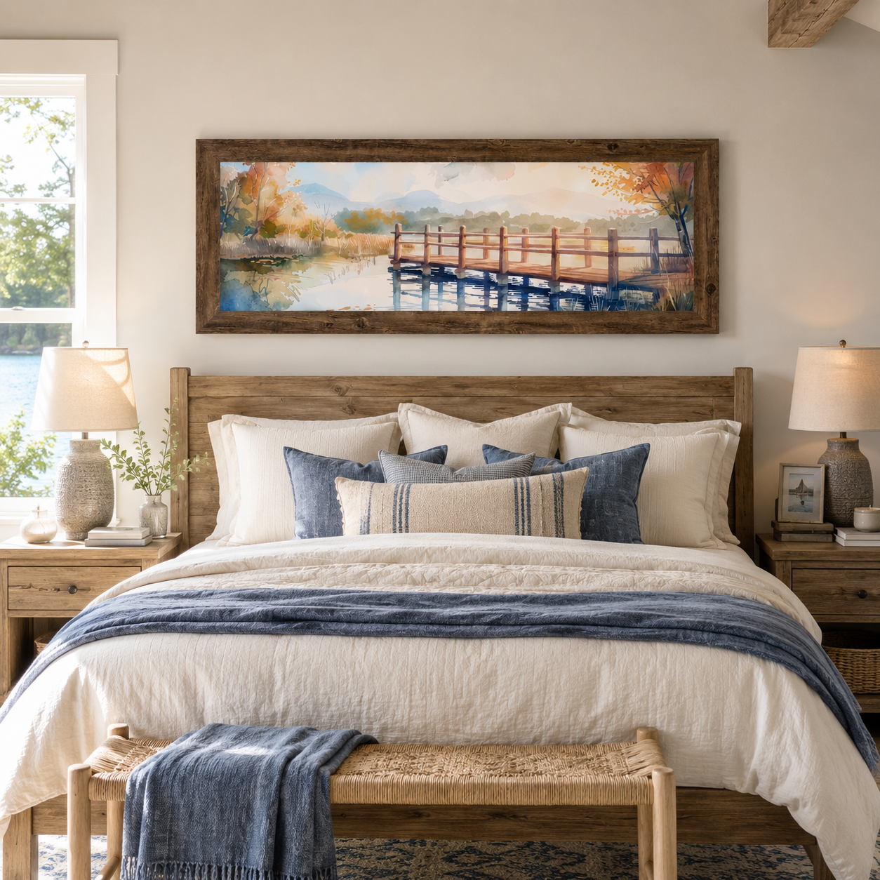 Natural brown framed wide panoramic watercolor autumn pier wall art displayed as a large 40x14 statement piece above a reclaimed wood headboard in a lake house master bedroom with white linen bedding navy blue pillows and actual lake view through the window