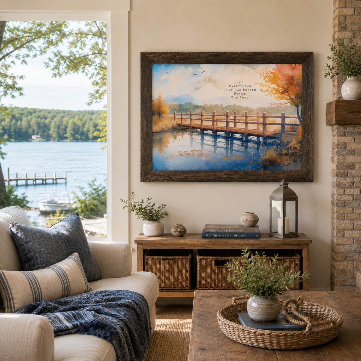Natural brown framed horizontal Christian wall art featuring Let Everything That Has Breath Praise The Lord watercolor autumn pier displayed as a 32x26 statement piece in a Wisconsin lake house living room with stone fireplace cream sofa navy throw and actual lake view through the window