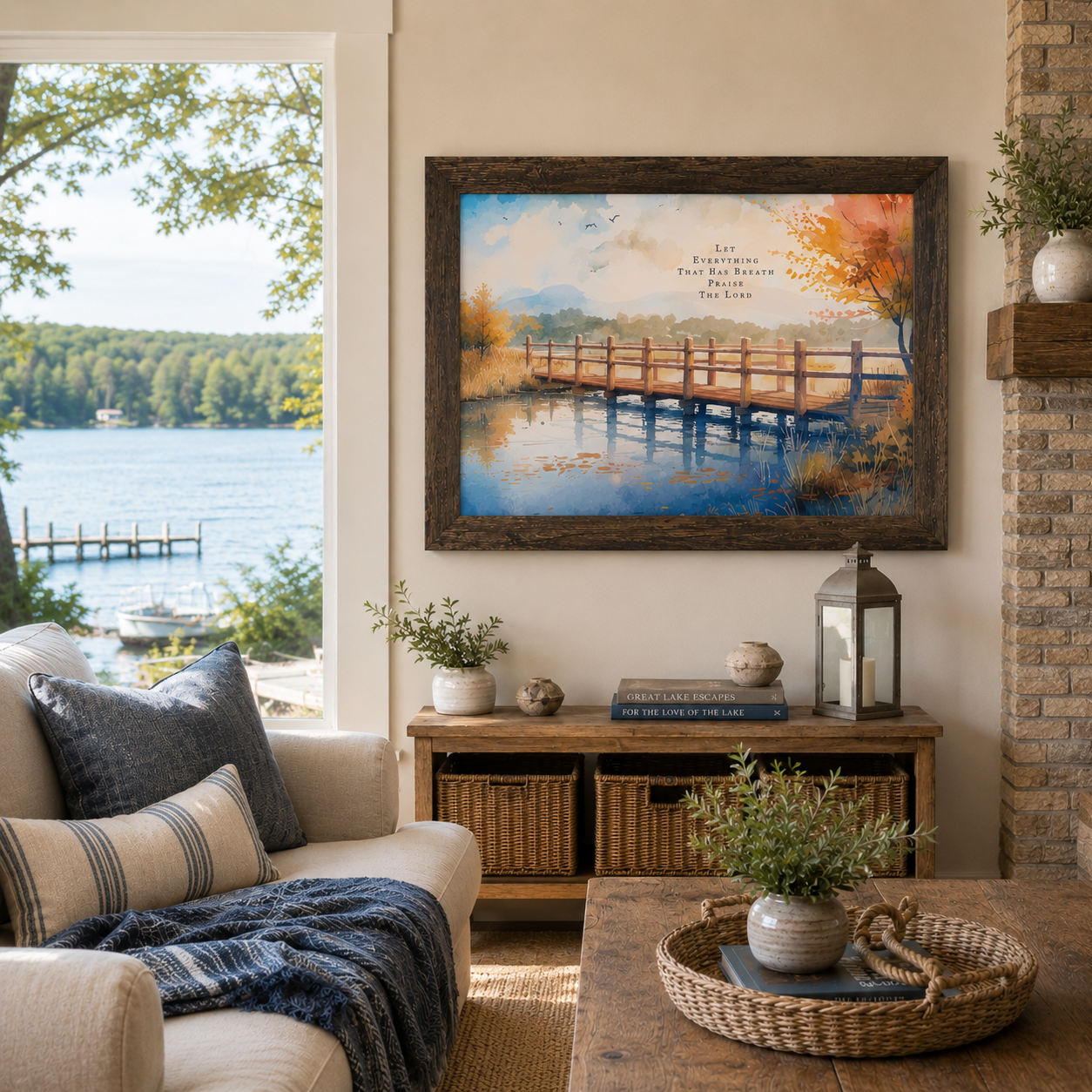 Natural brown framed horizontal Christian wall art featuring Let Everything That Has Breath Praise The Lord watercolor autumn pier displayed as a 32x26 statement piece in a Wisconsin lake house living room with stone fireplace cream sofa navy throw and actual lake view through the window