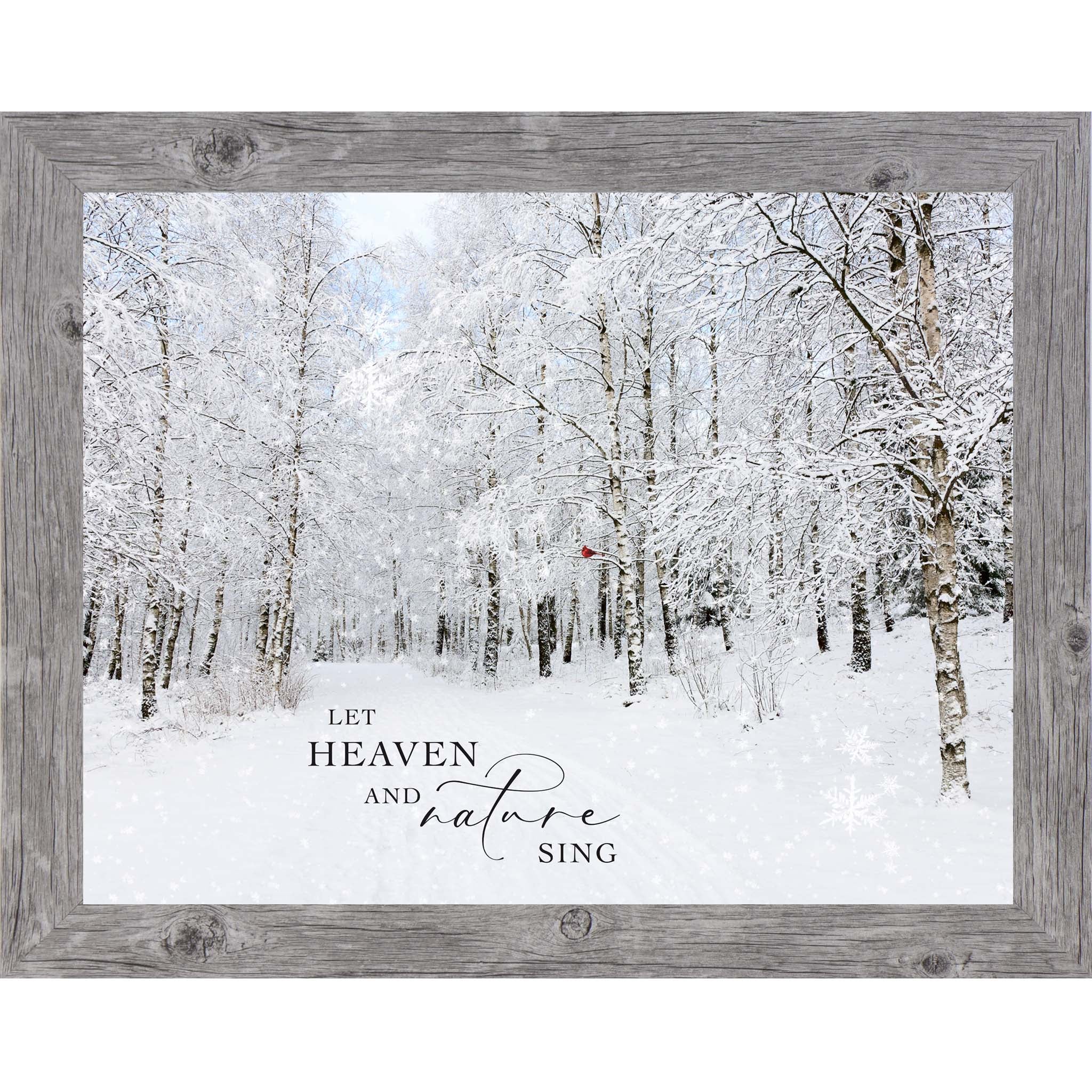 Christian winter wall art featuring a snow-covered forest path with bare trees heavy with snow, falling snowfall, a small red cardinal perched in a tree, and the words “Let Heaven and Nature Sing” in the foreground. Gray Framed