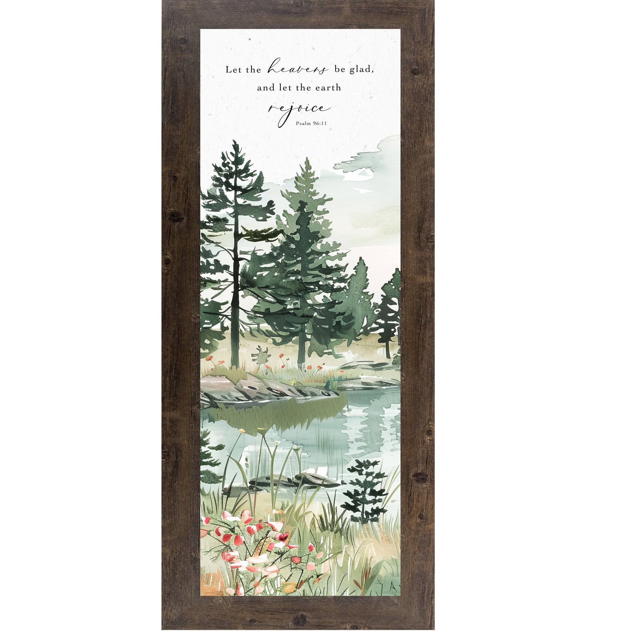 Christian framed wall art featuring Let the Heavens Be Glad scripture from Psalm 96:11 with peaceful nature imagery and neutral tones