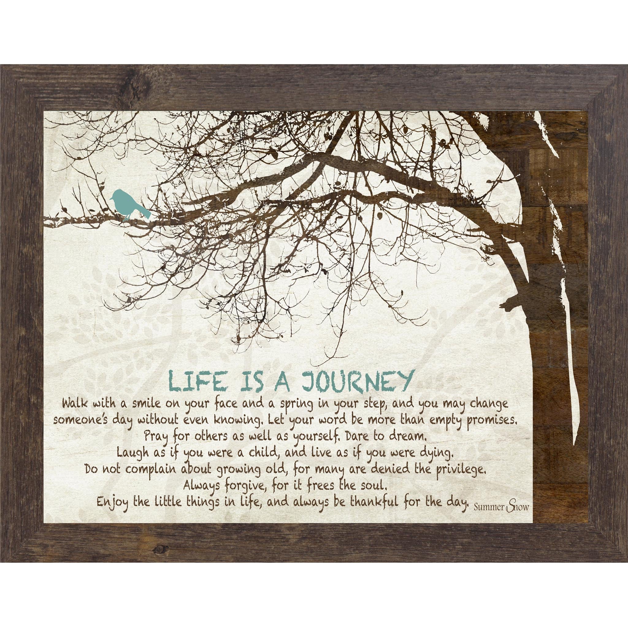 Inspirational framed wall art featuring the quote Life Is a Journey with a brown tree illustration and a teal bird on a neutral textured background