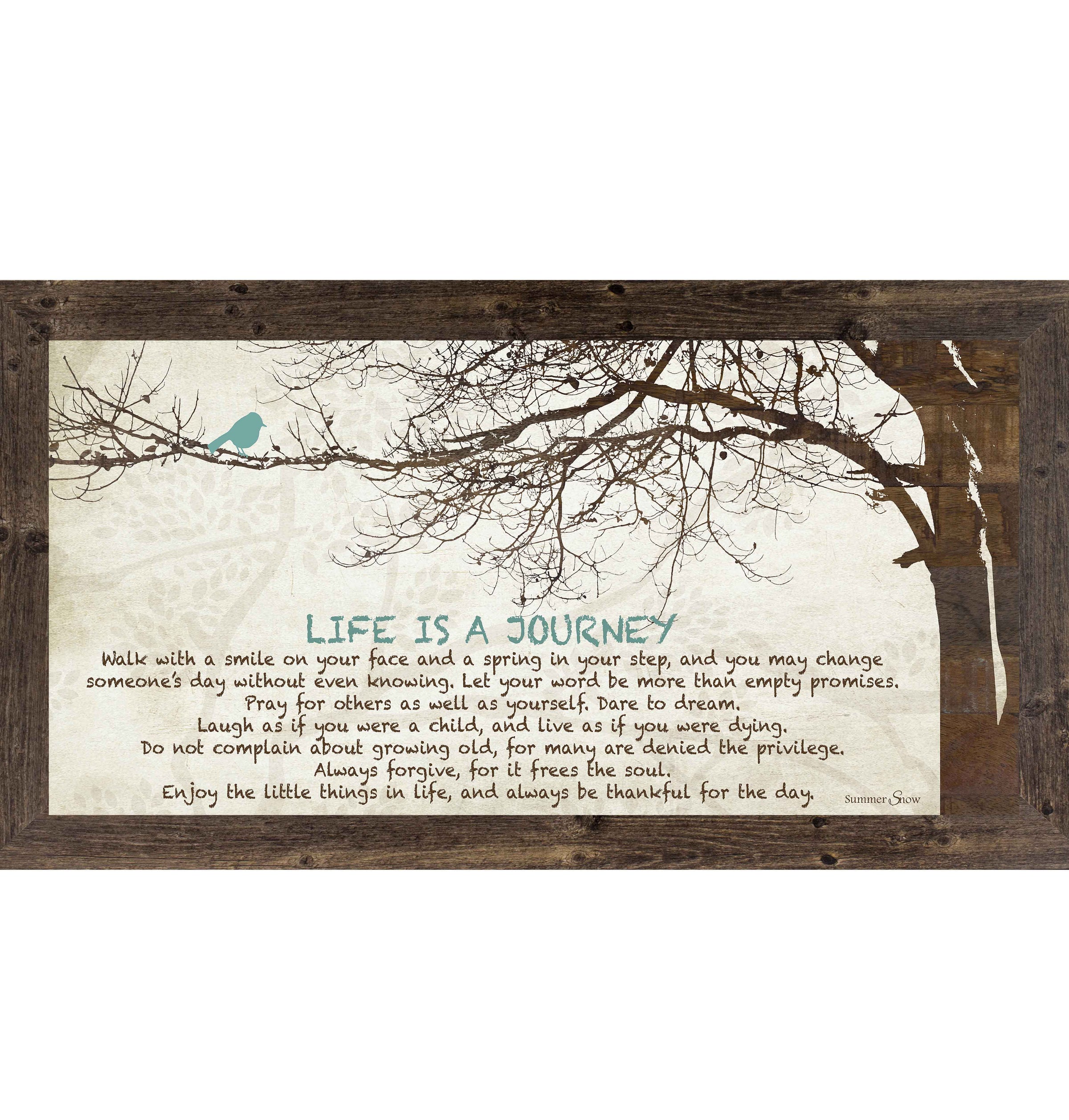 Inspirational framed wall art featuring the quote “Life is a Journey” with a brown tree illustration and blue bird on a textured neutral background, handcrafted decor