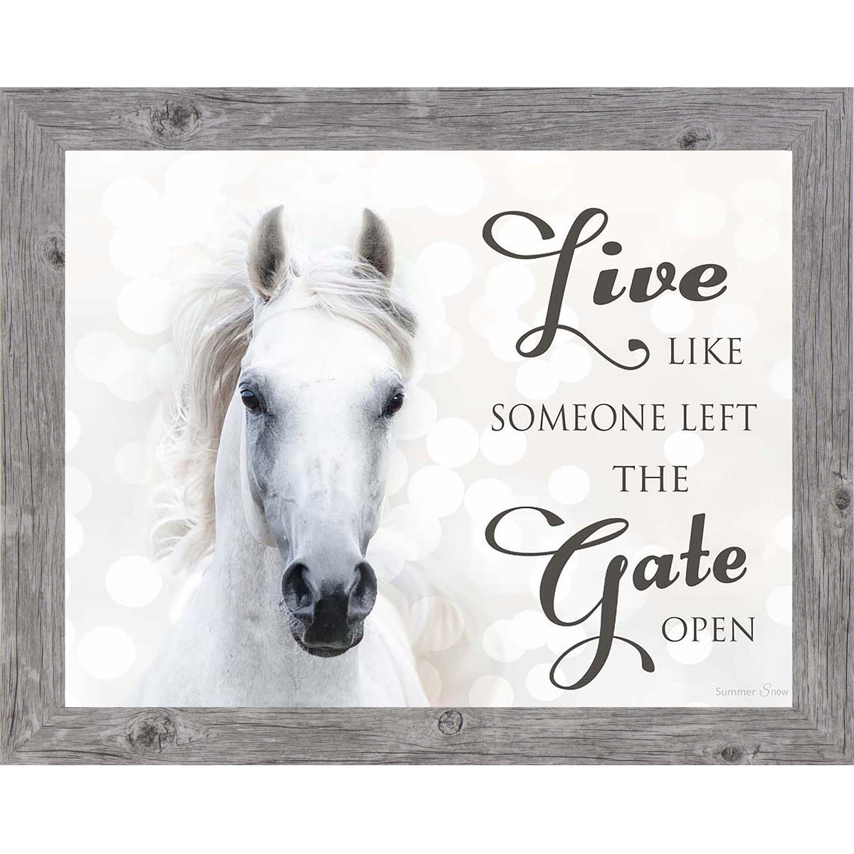 Inspirational framed wall art featuring a white horse on a neutral background with the quote “Live like someone left the gate open”